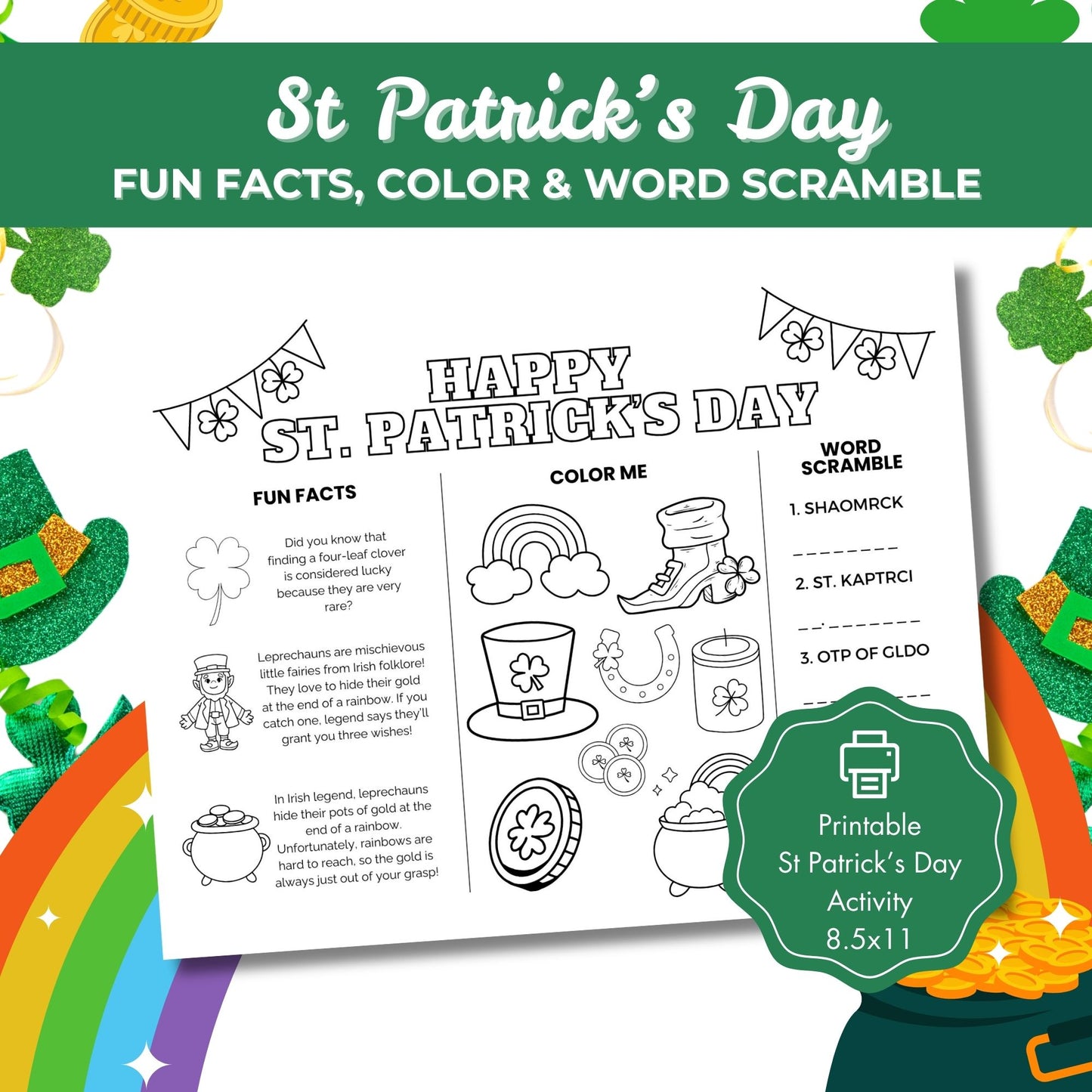 St. Patrick's Day Printable Activity - Fun Facts, Color Me & Word Scramble | Instant Download | St Patrick's Day Classroom Activity 8.5x11