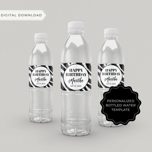 Zebra Print Pattern Water Bottle Label Template for a Birthday