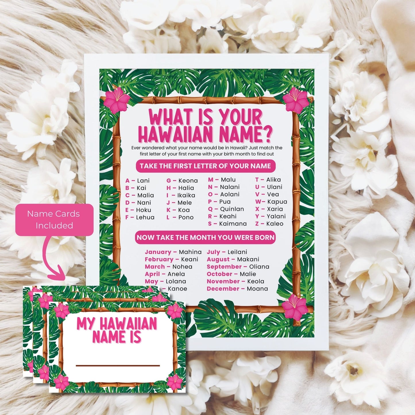 Hawaiian name card game with tropical design on a floral background