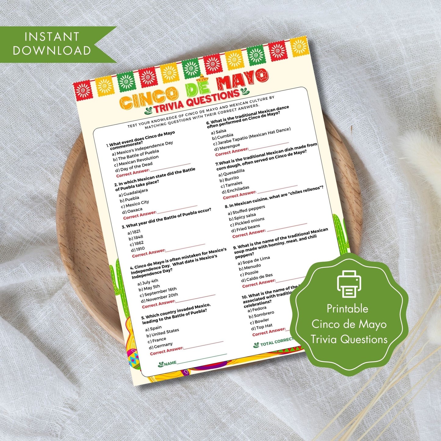 Cinco de Mayo Trivia Questions Printable Game 8.5x11