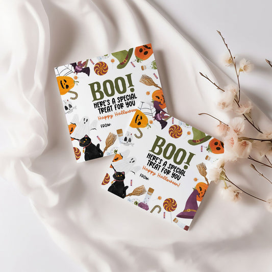 Halloween Boo Treat Tags | 3x3" Printable Halloween Gift Tags | Cute Witch, Cat, and Pumpkin Design | Handwrite "From" Section