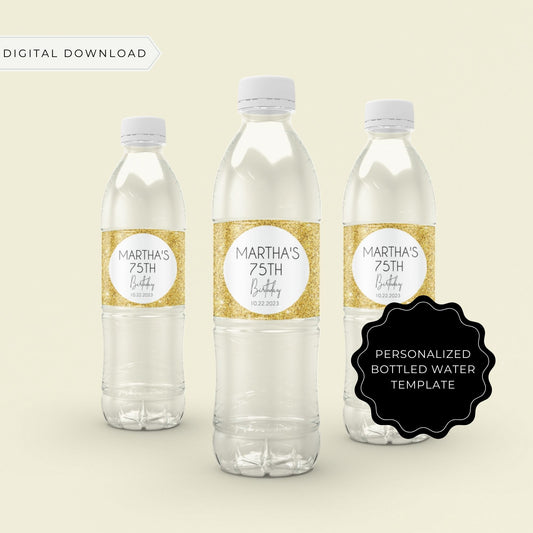 Birthday Water Bottle Label Gold Glitter Template
