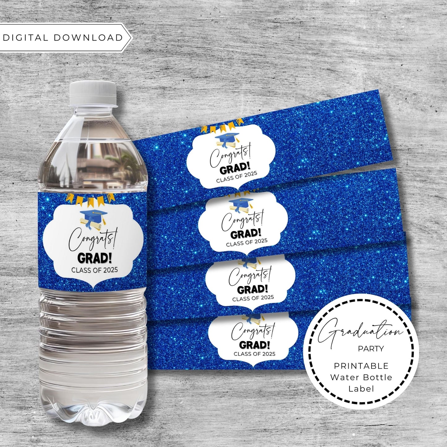 Graduation Water Bottle Labels Printable Class of 2025, Blue Glitter Gold Design, Instant Download Party Decor, School Sign for Graduates