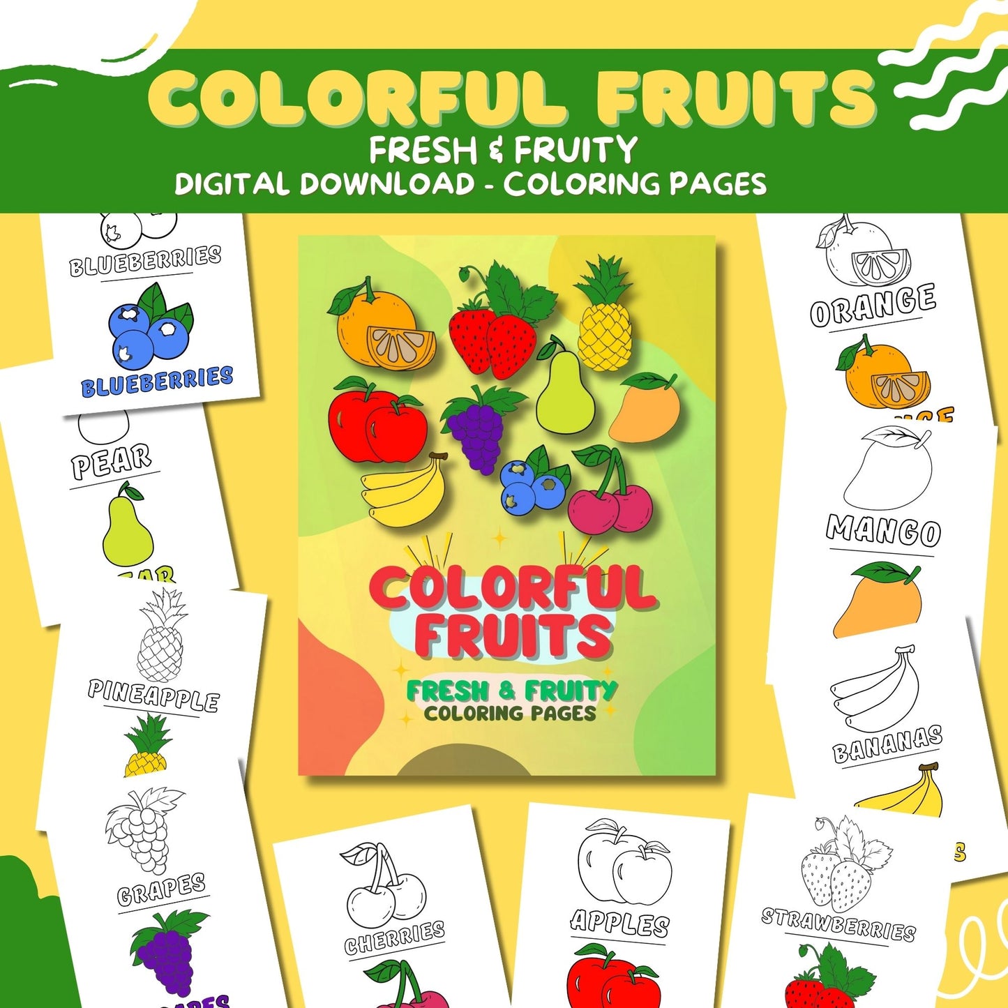Colorful Fruits Printable Coloring Pages for Kids, 8.5x11 PDF Digital Download, 10 Fun Fruit-Themed Pages, Instant Download, Print at Home