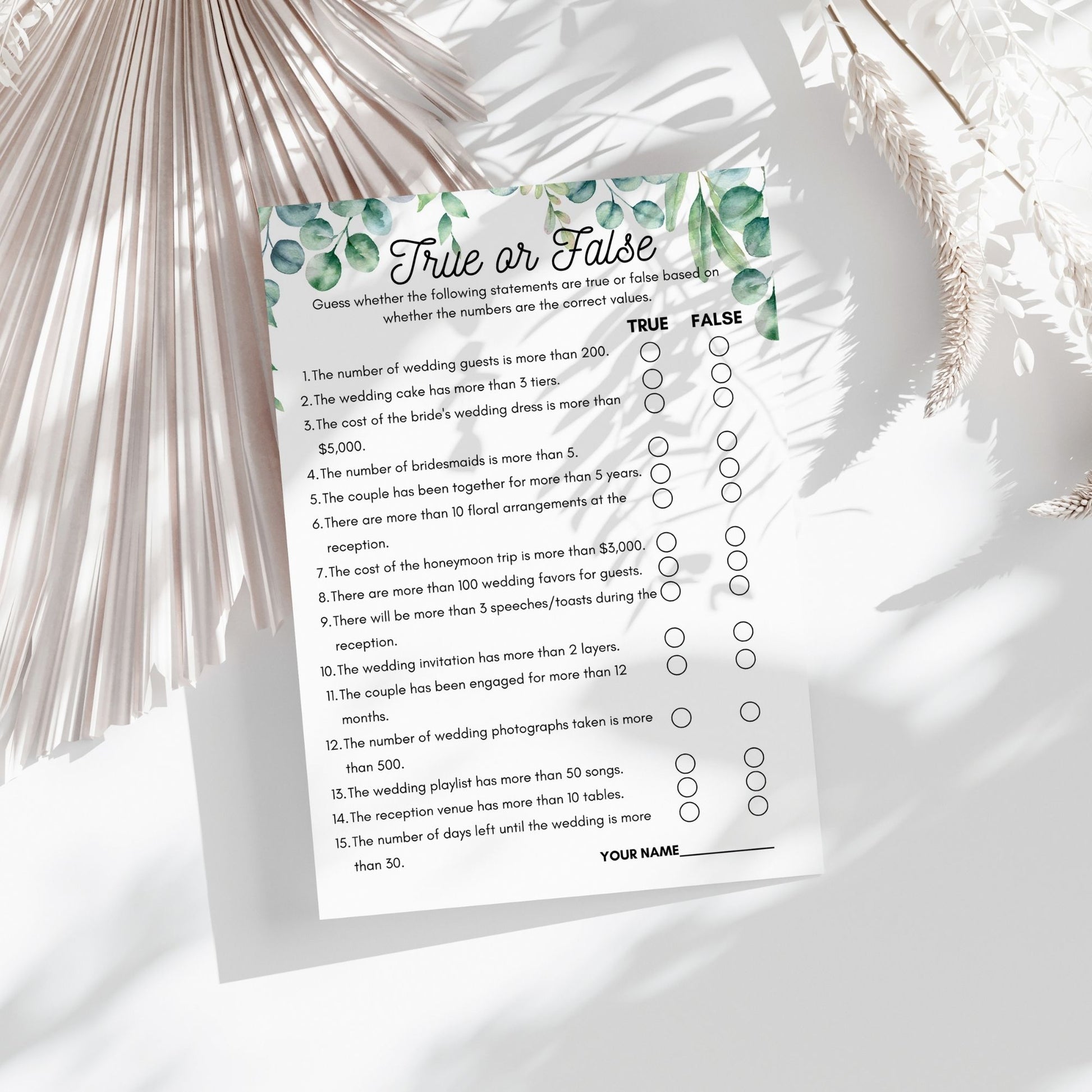 True or False Bridal Shower Game | Fun Wedding Trivia Activity | Floral Greenery Design | Printable Instant Download