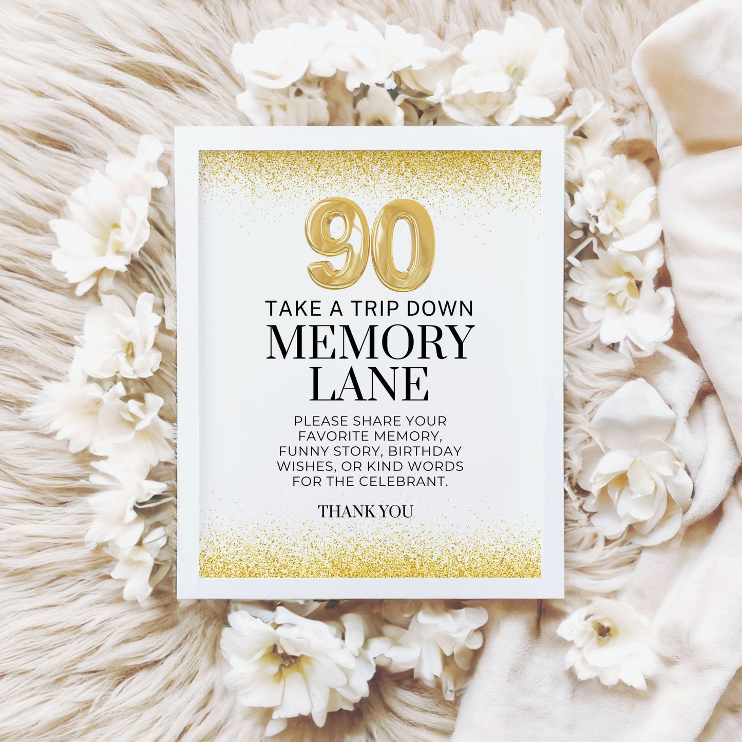 Gold glitter 90th birthday memory lane sign printable in 8x10 and 8.5x11 formats, instant download guest book alternative