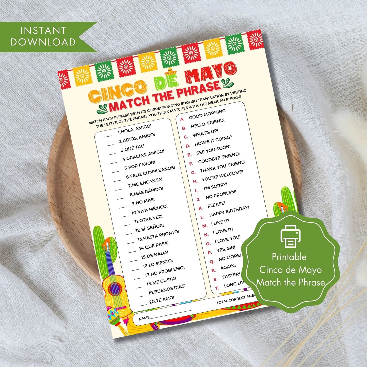 Cinco de Mayo Match the Phrase Printable Game 8.5x11