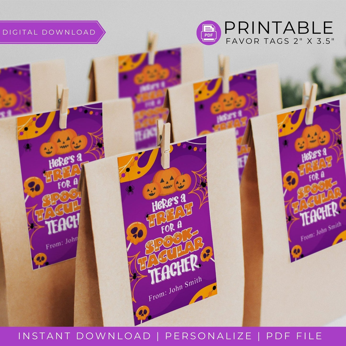 Personalized Halloween Favor Tags for Spooktacular Teacher Gifts - Printable 2x3.5 Inch Treat Bag Tags - Halloween Teacher Gift Labels - Editable