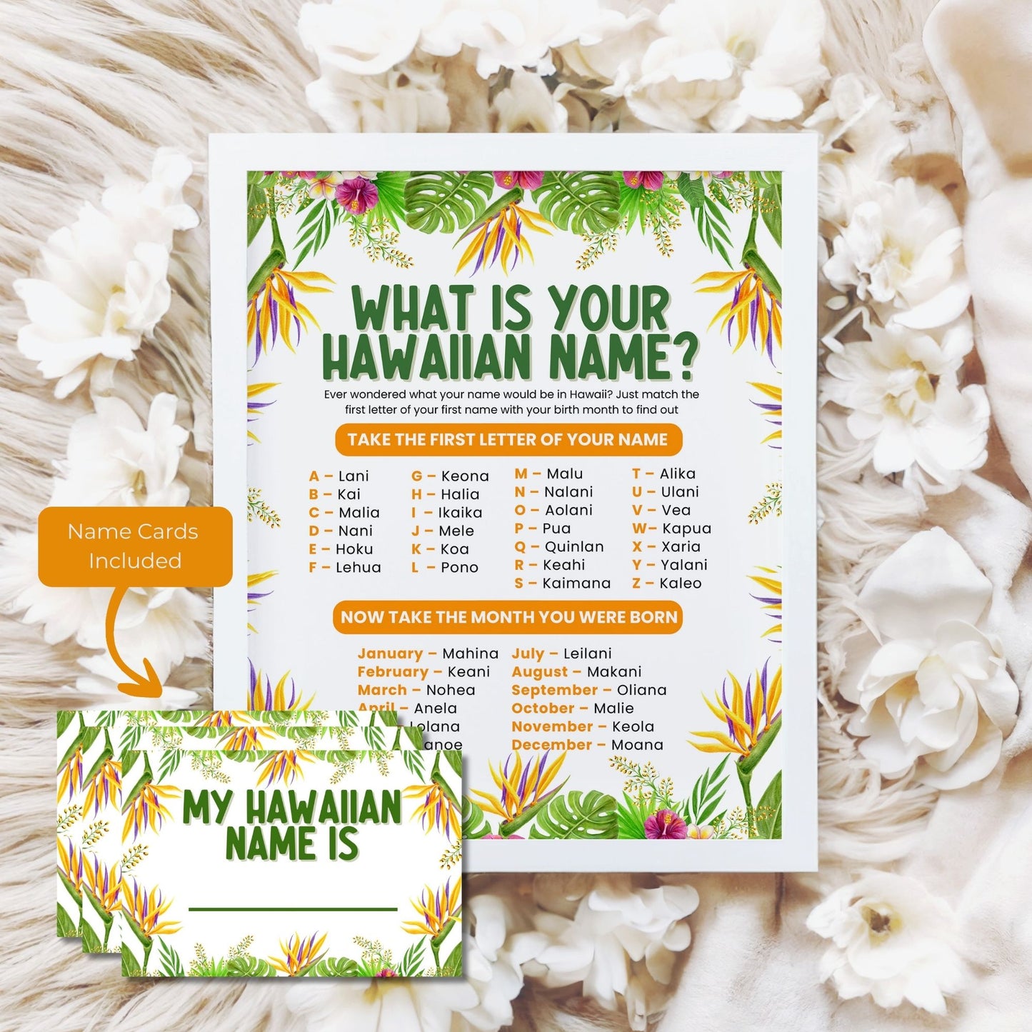 Hawaiian name generator card with name cards on a floral background