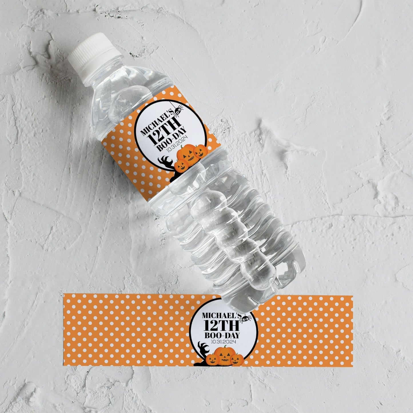 Halloween Water Bottle Labels, Custom Orange Polka Dot Birthday Party Decor, Spooky Pumpkin Theme, Personalized Printable Party Favor for Kids