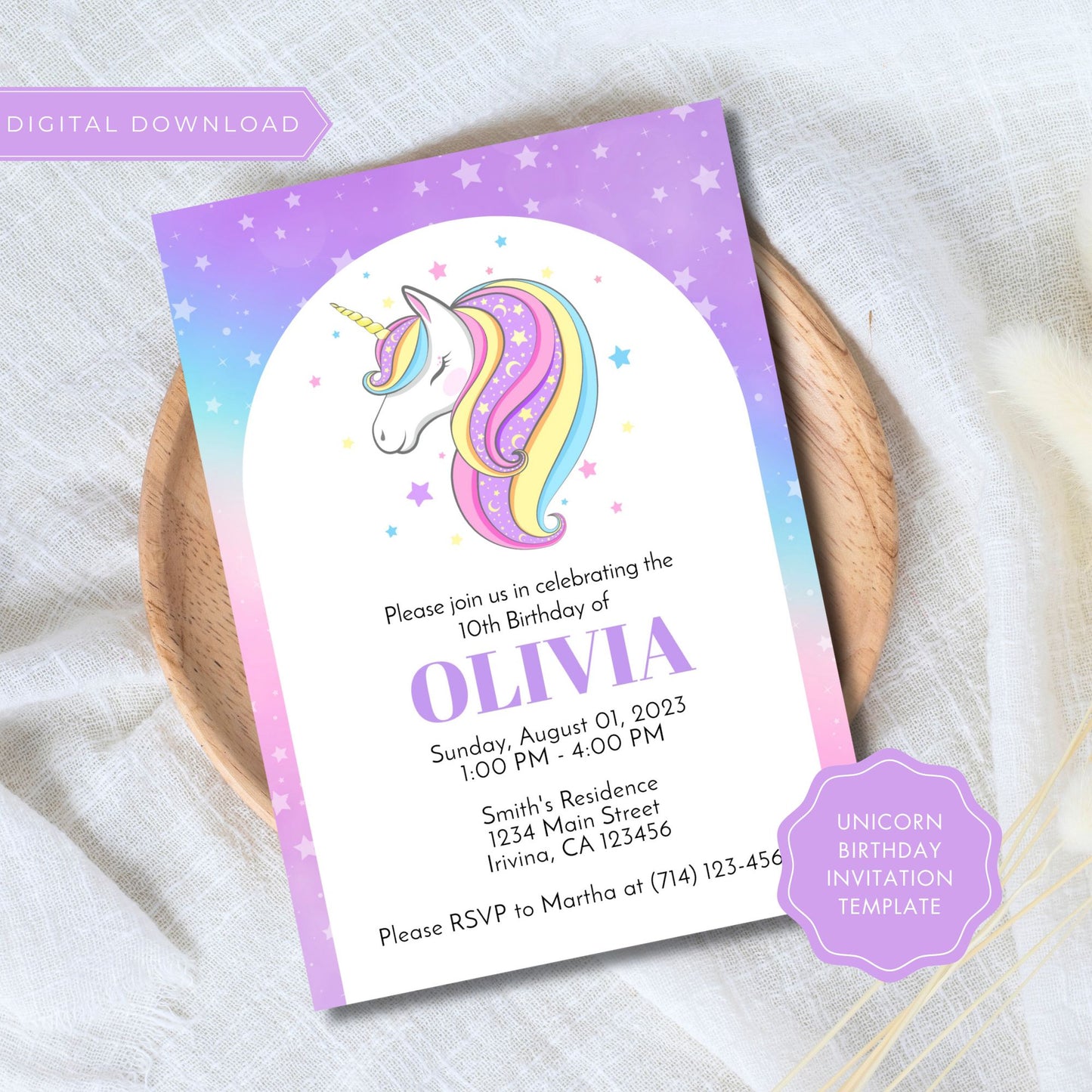 Editable Unicorn Birthday Invitation Template