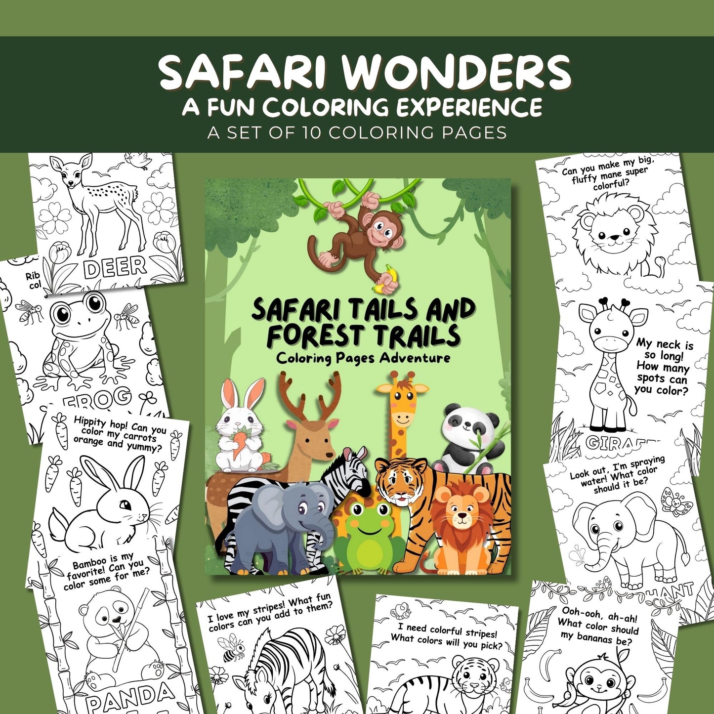 Safari Tails and Forest Trails Printable Coloring Book for Kids - 10 Pages