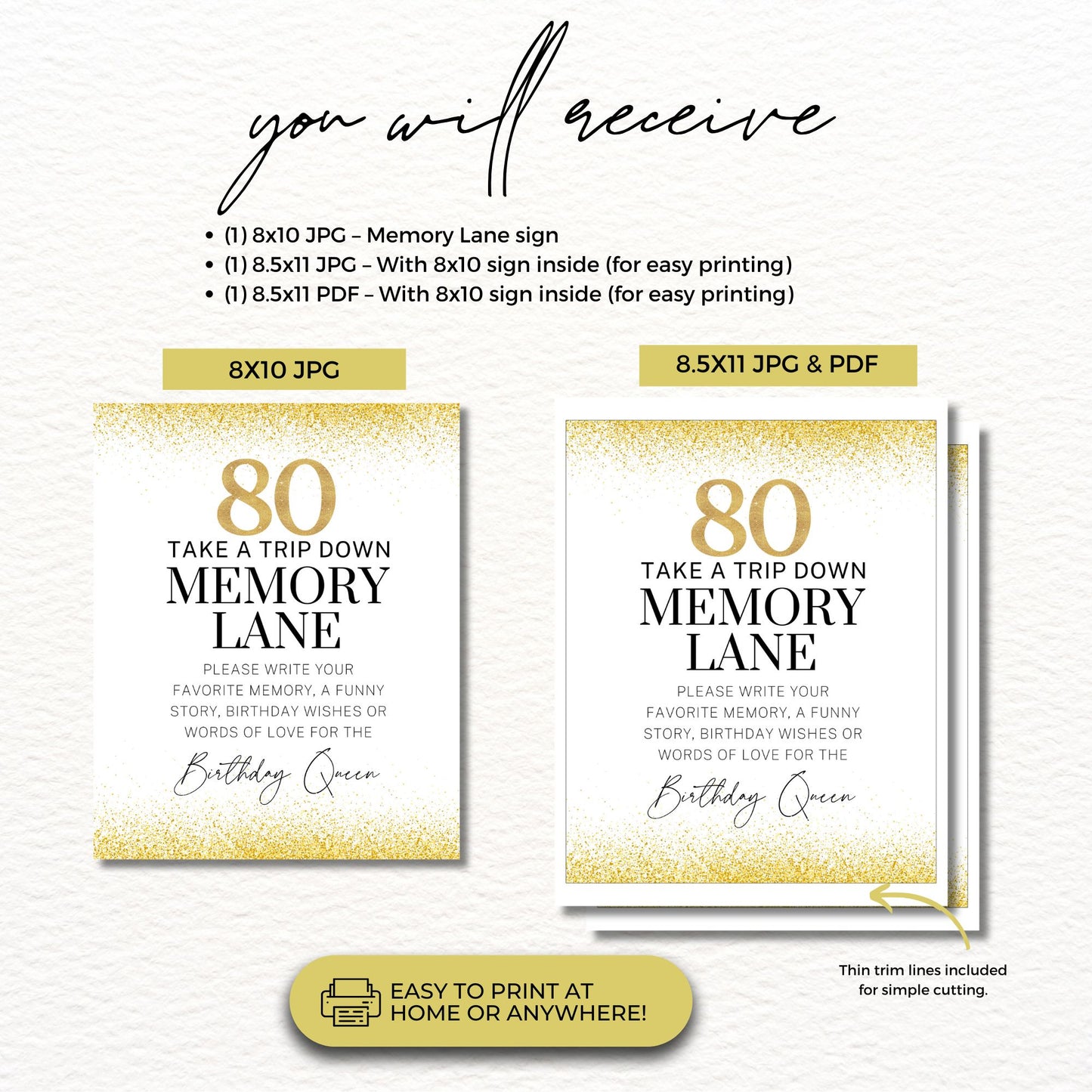 80th Birthday Memory Lane Sign Printable, Milestone Birthday Guest Book Alternative, Digital Download Party Keepsake for Women & Men
