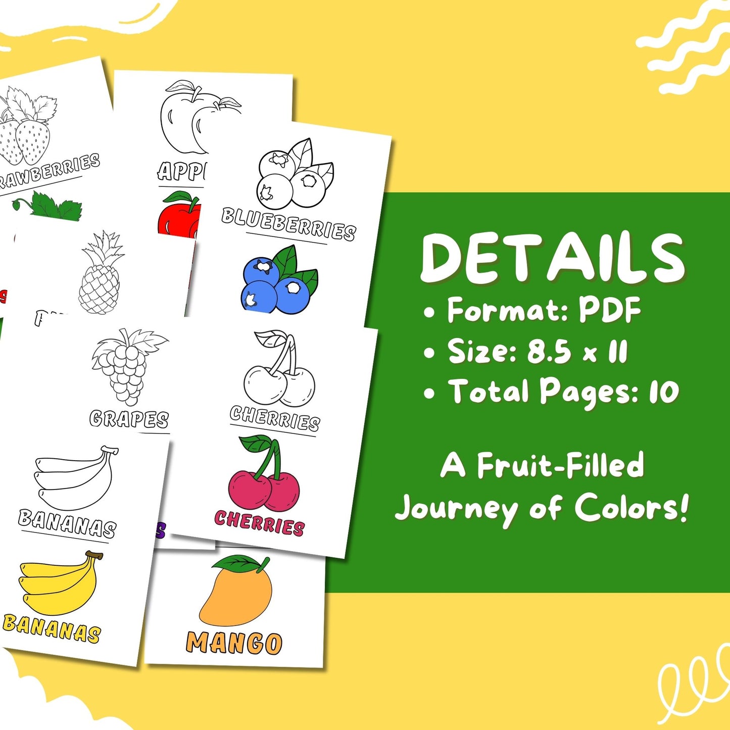 Colorful Fruits Printable Coloring Pages for Kids, 8.5x11 PDF Digital Download, 10 Fun Fruit-Themed Pages, Instant Download, Print at Home