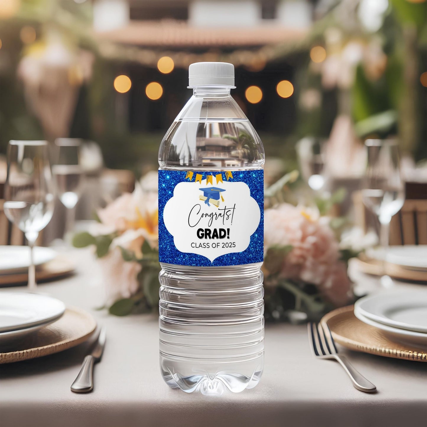 Graduation Water Bottle Labels Printable Class of 2025, Blue Glitter Gold Design, Instant Download Party Decor, School Sign for Graduates