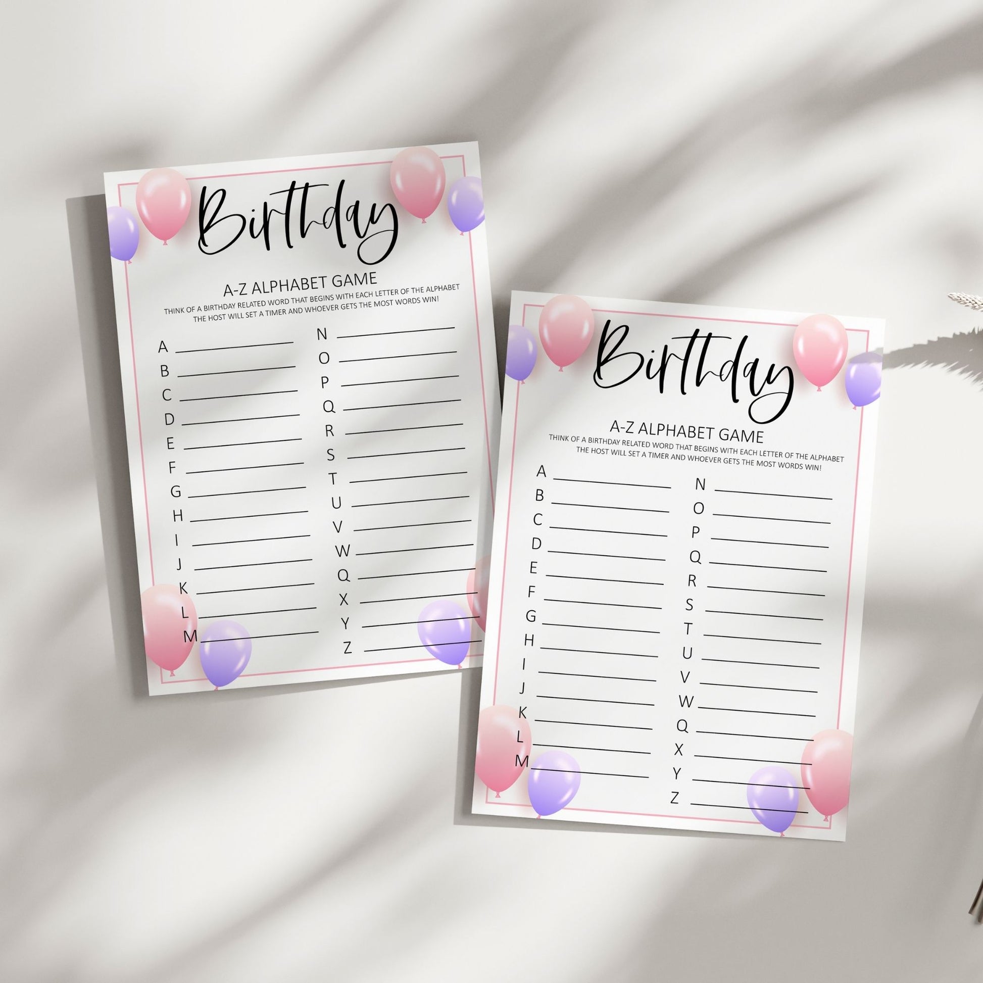 Birthday A-Z Alphabet Game, Fun Printable Birthday Party Activity with Balloon Theme, Interactive Word Game, Instant Download for All Ages
