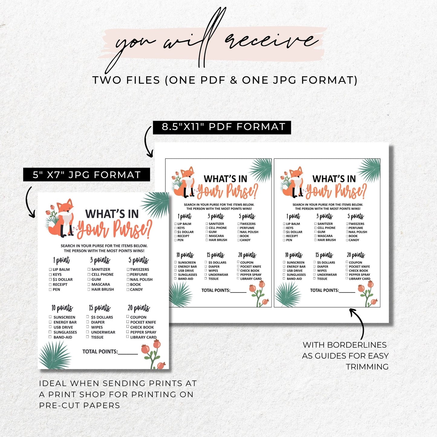 What's In Your Purse Baby Shower Game Printable - Fox Theme