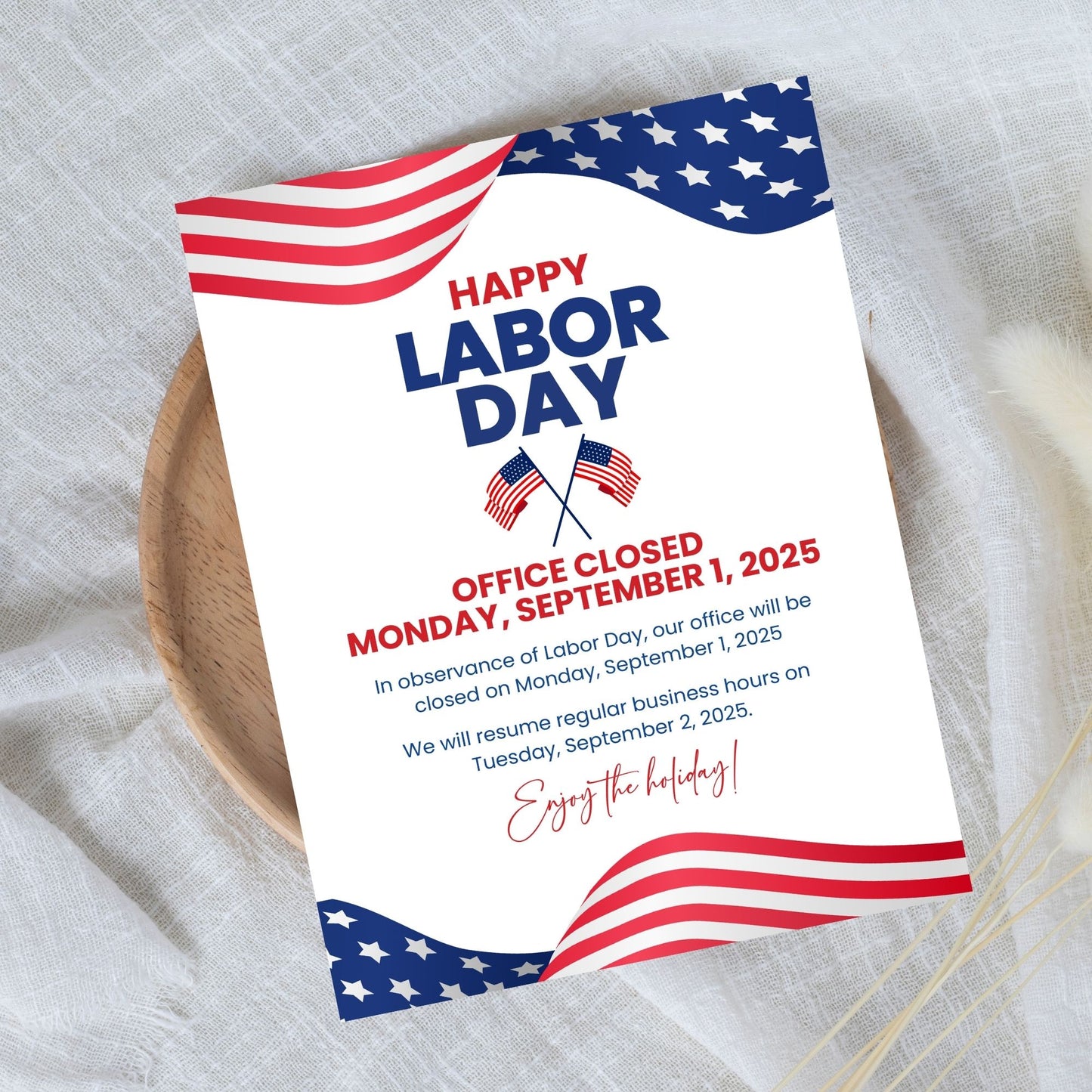 Labor Day office closure notice with American flag design on a textured surface