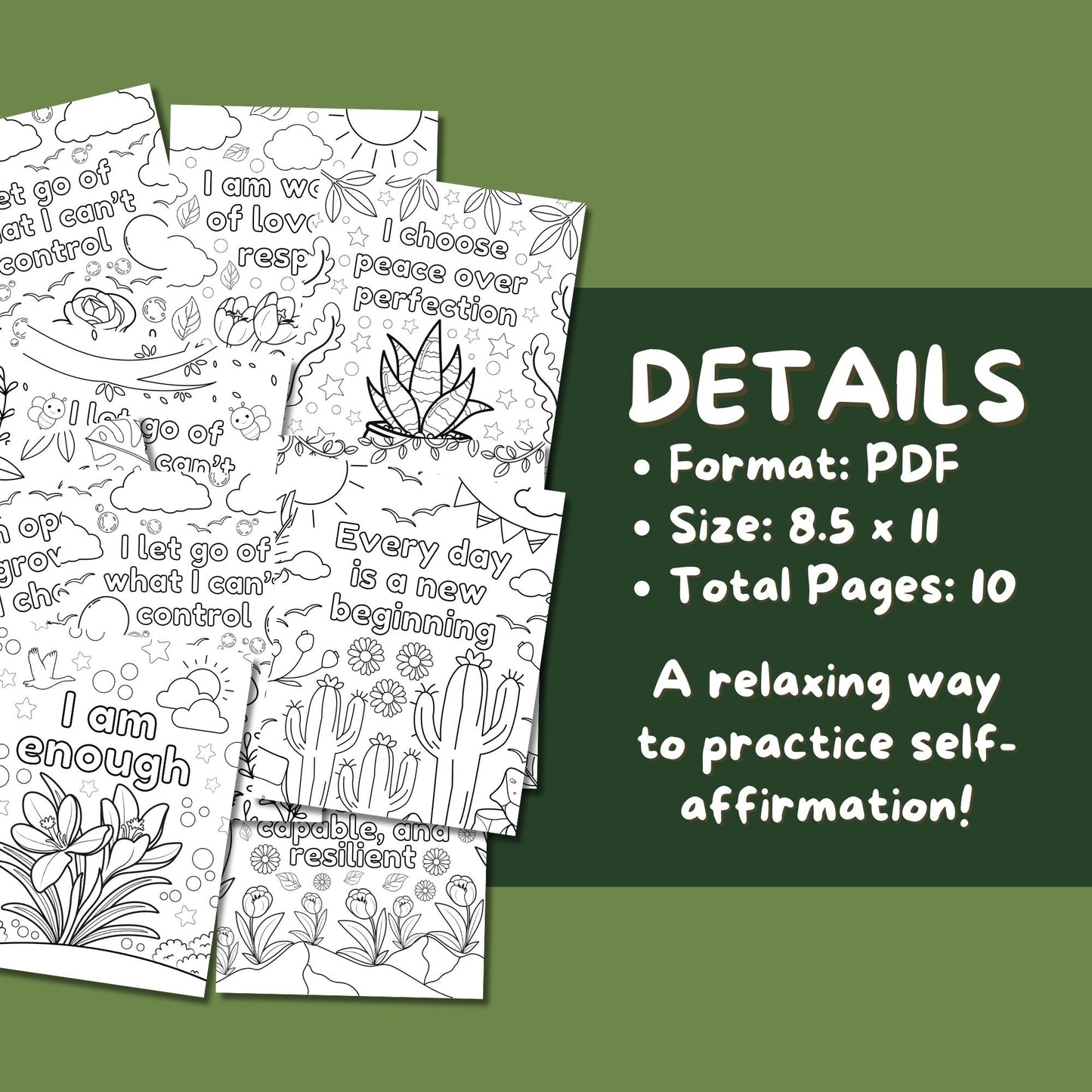 Affirmations Coloring Pages Printable, Motivational Coloring Book PDF, Cactus Floral Coloring Sheets, Instant Download for Adults & Teens