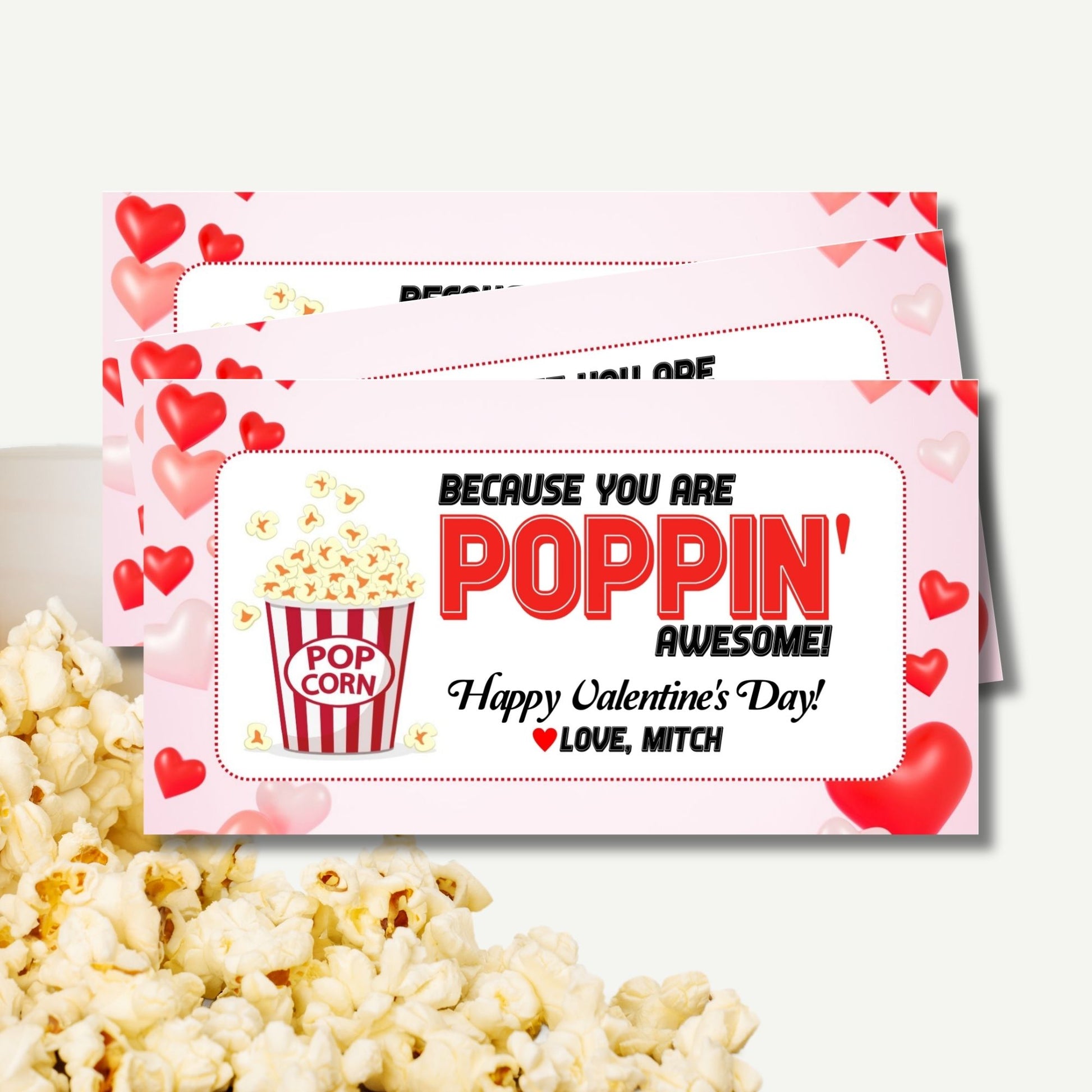 You're Poppin' Awesome" Valentine Tag Template - 3x5.5 Editable Popcorn Treat Tag for Kids, Classmates & Party Favors - Corjl Printable