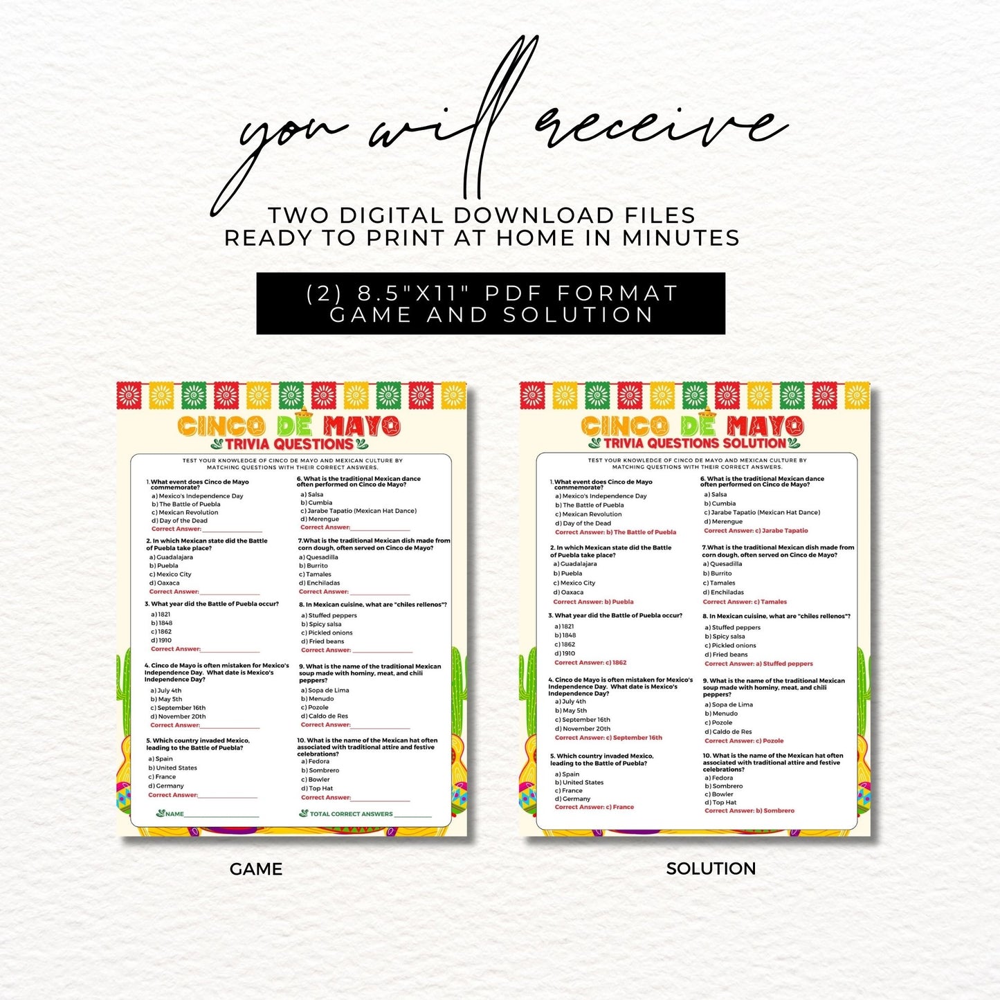 Cinco de Mayo Trivia Questions Printable Game 8.5x11