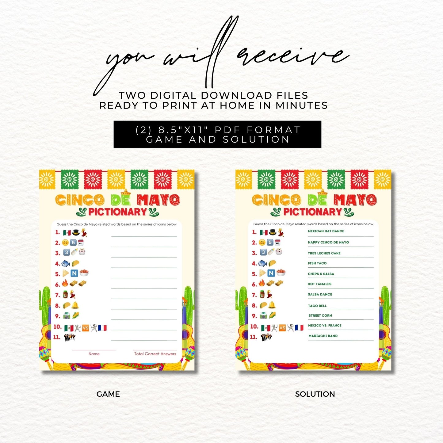 Cinco de Mayo Pictionary Printable Game 8.5x11