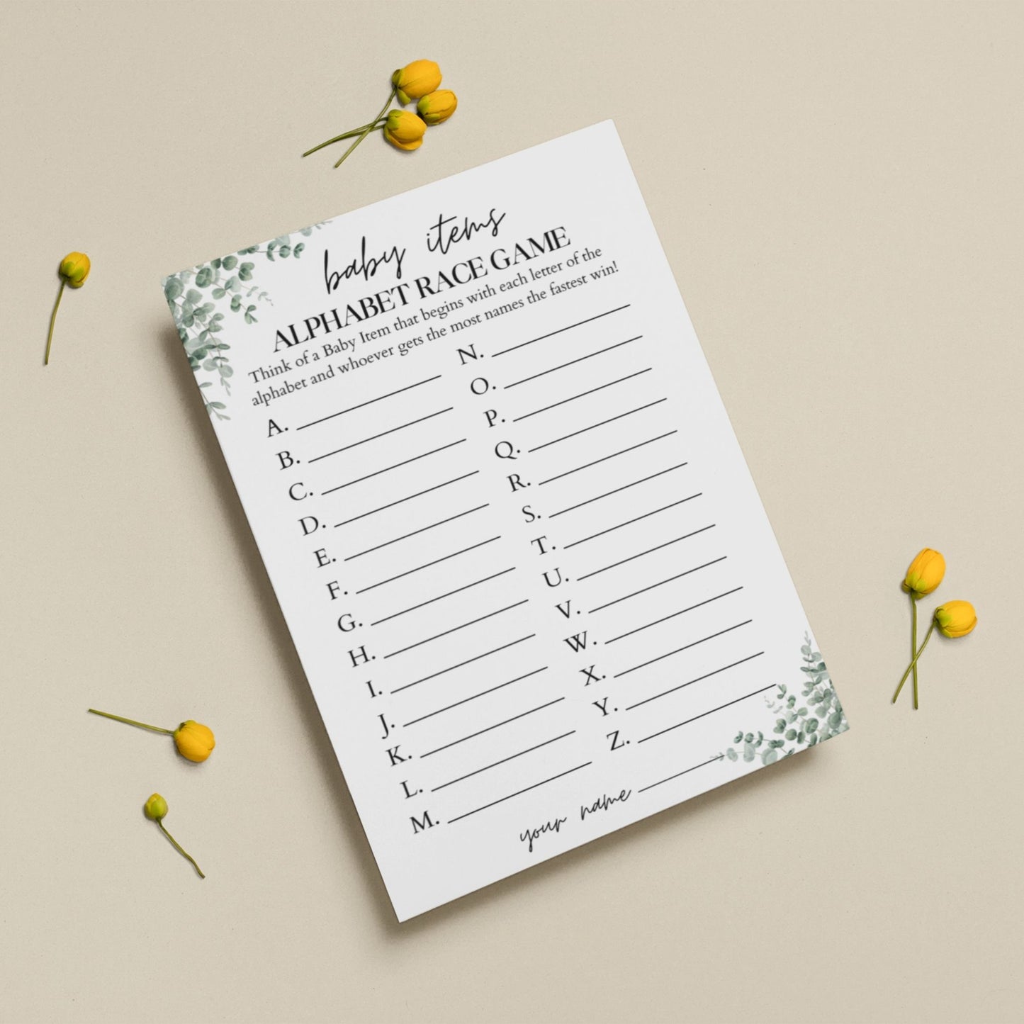 Eucalyptus Baby Shower Alphabet Game