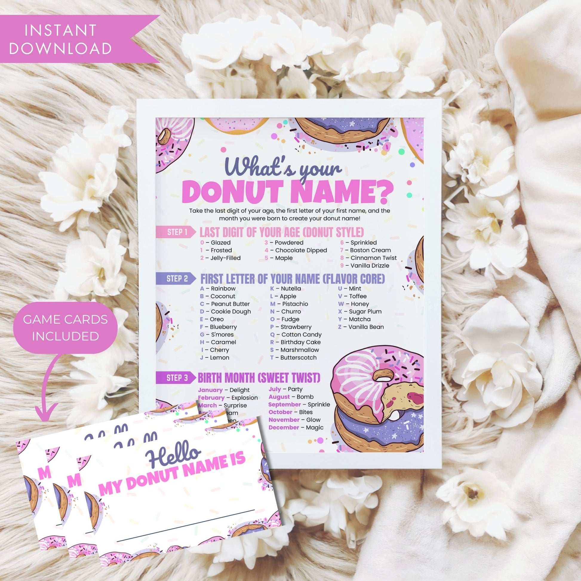 What's Your Donut Name Game Printable | Donut Party Activity | Office Icebreaker | Instant Download Sign & Name Tag