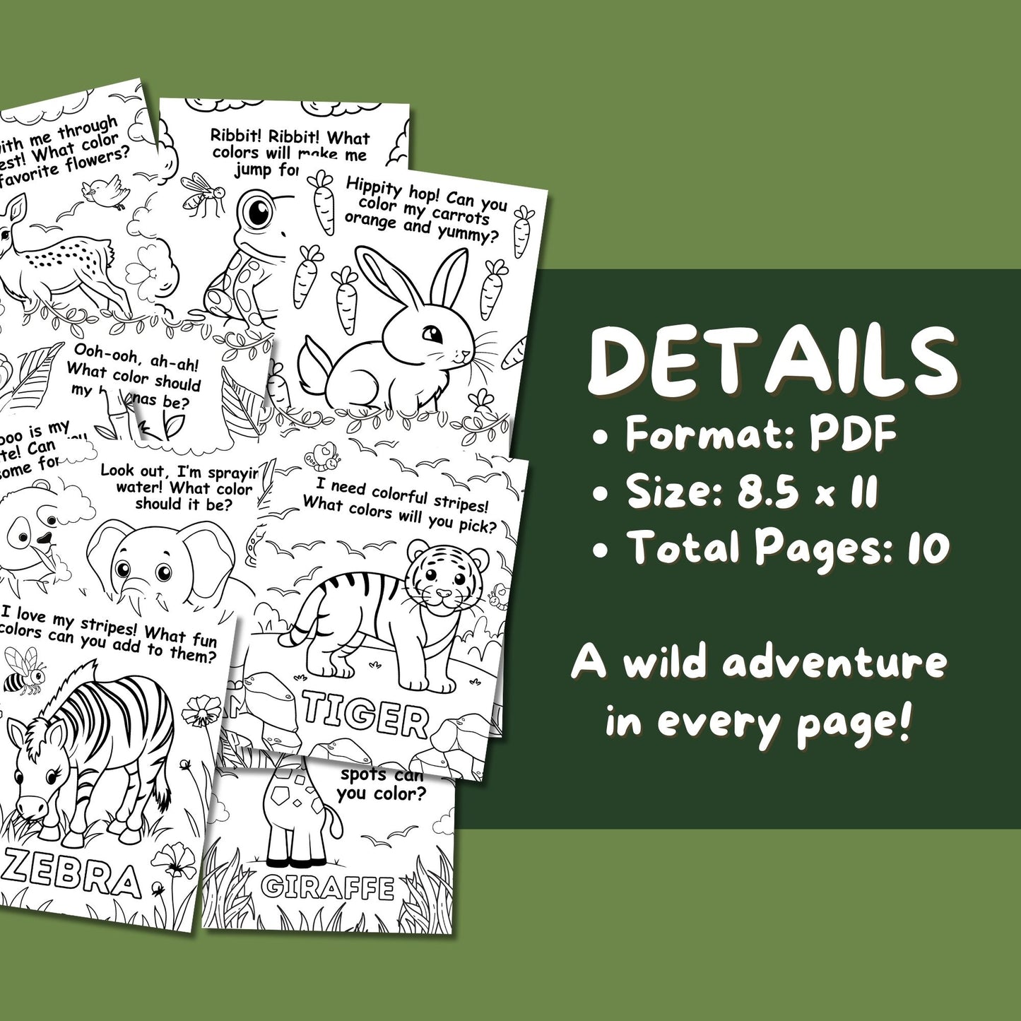 Safari Tails and Forest Trails Printable Coloring Book for Kids - 10 Pages