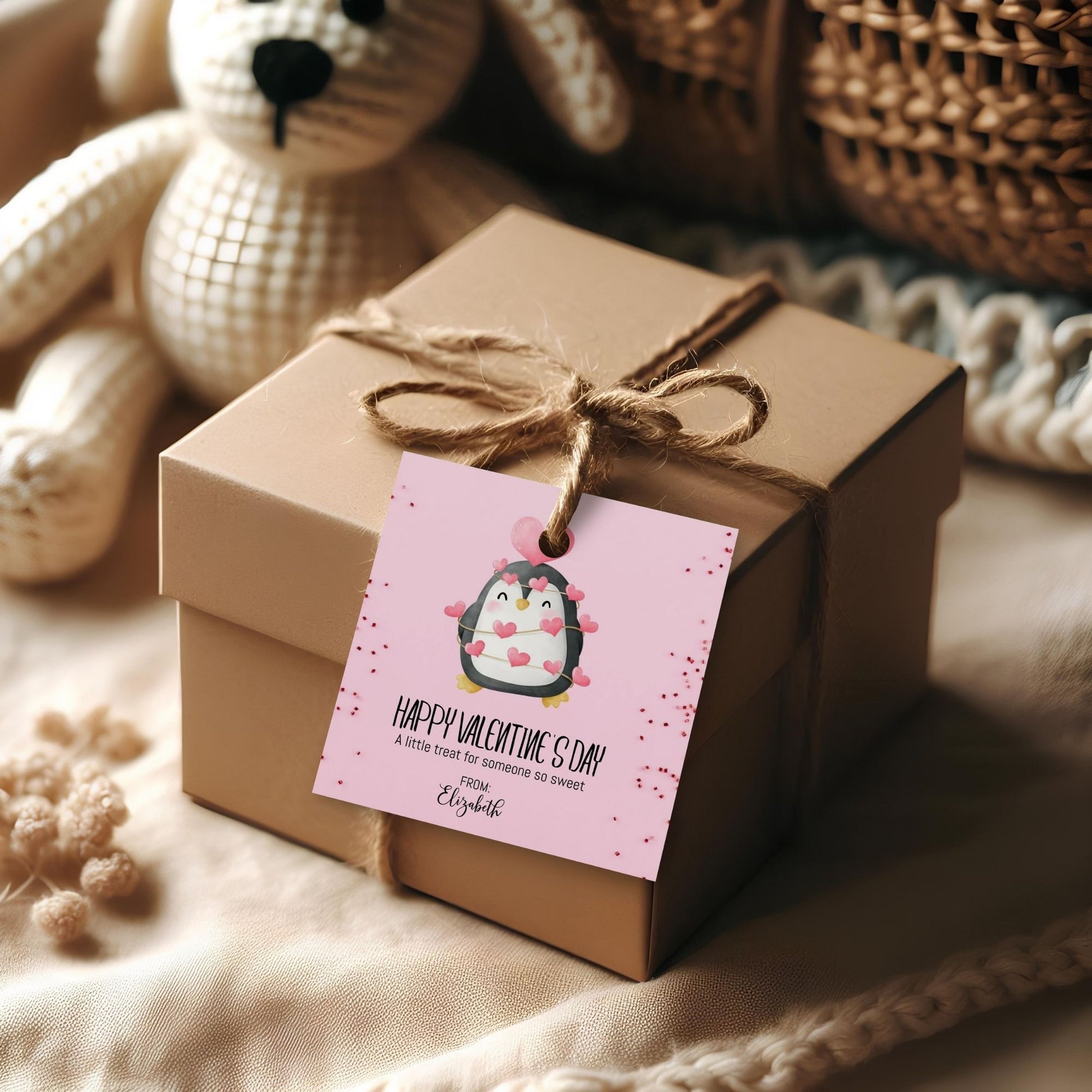 Editable Valentine’s Day Gift Tag Template - 3x3 Custom Treat Bag Tags - Cute Penguin Design - Corjl Printable for Kids & Classmates