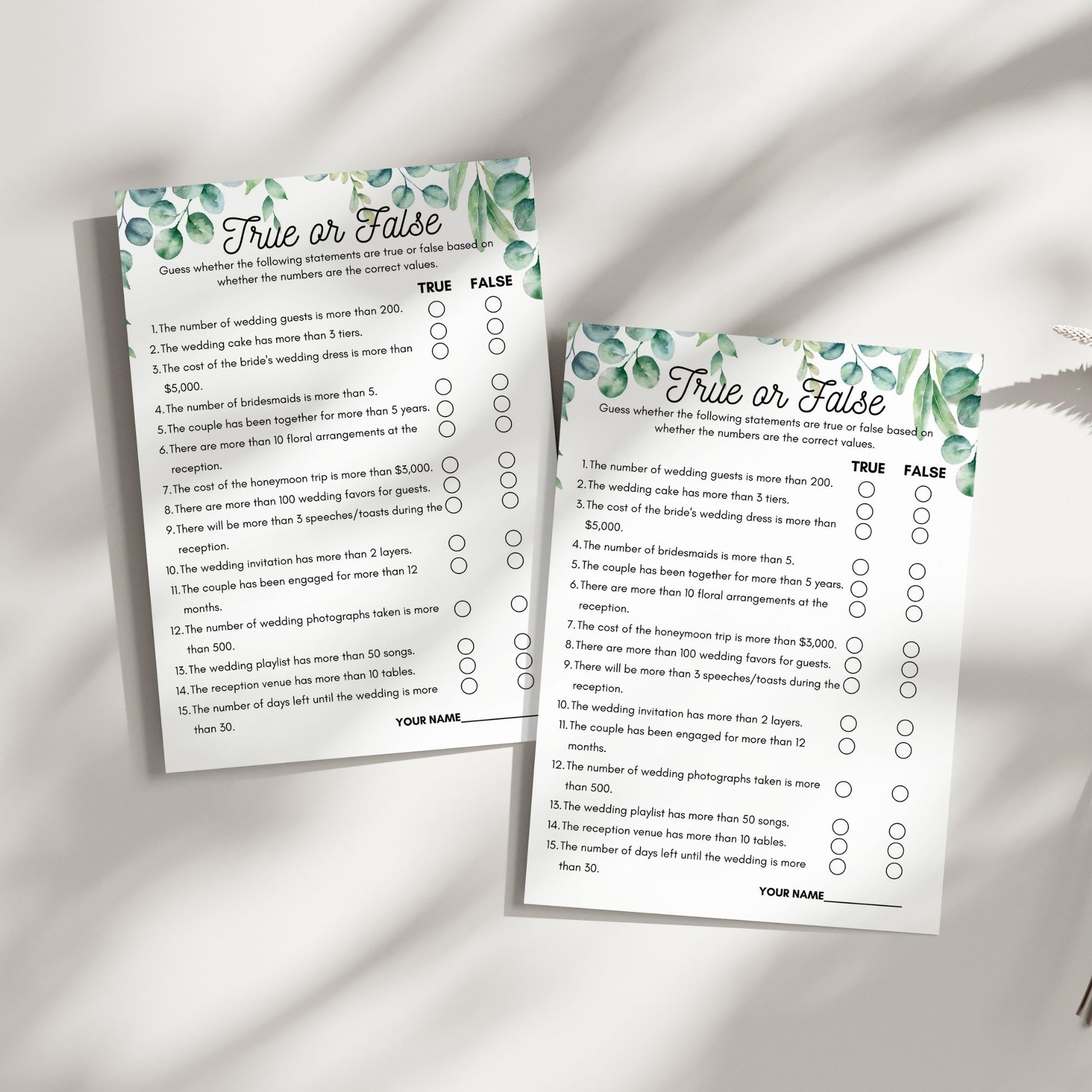 True or False Bridal Shower Game | Fun Wedding Trivia Activity | Floral Greenery Design | Printable Instant Download