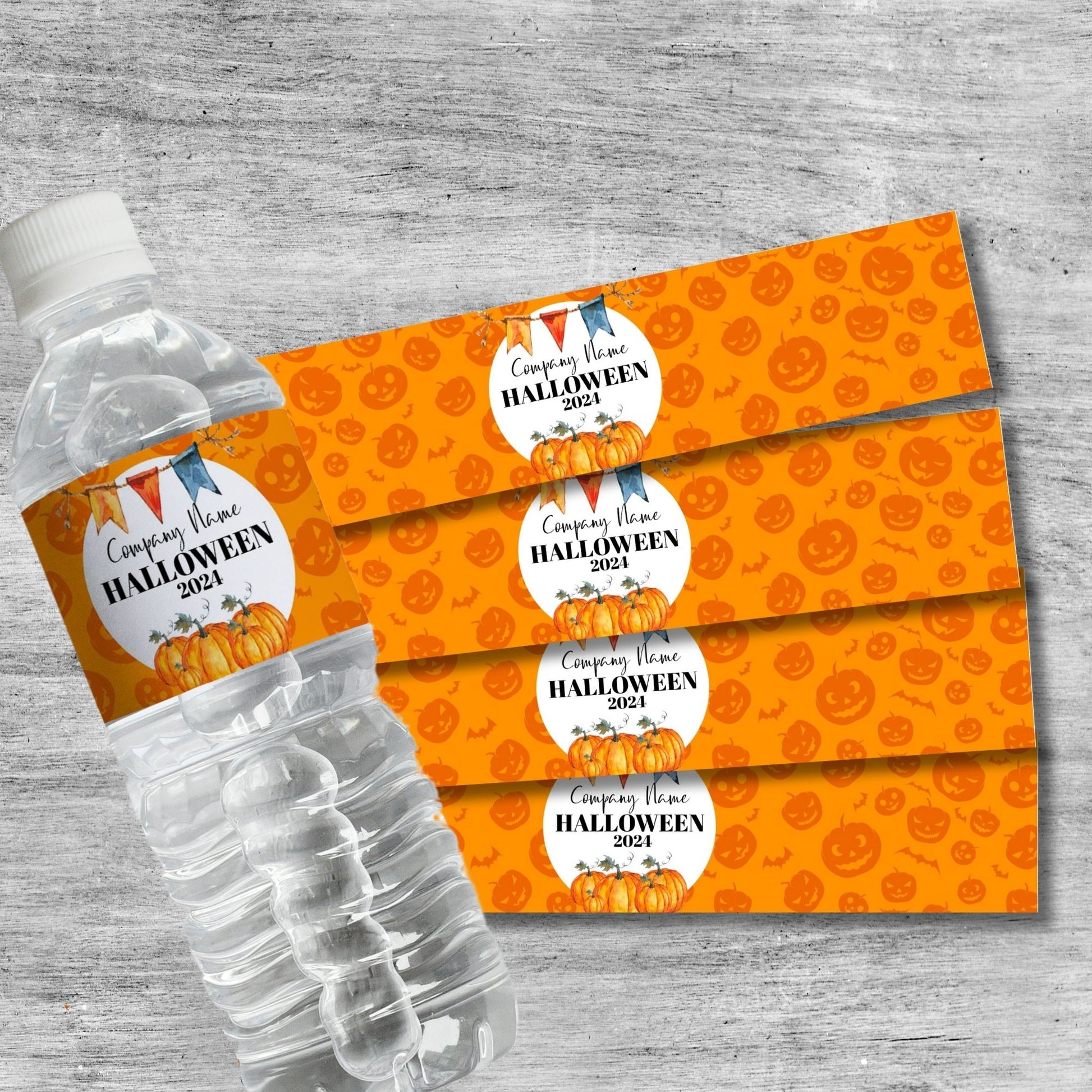 Halloween Water Bottle Labels, Custom Pumpkin Design Party Favor, Personalized Printable Orange Pumpkin Theme, Halloween Event Decor for Kids