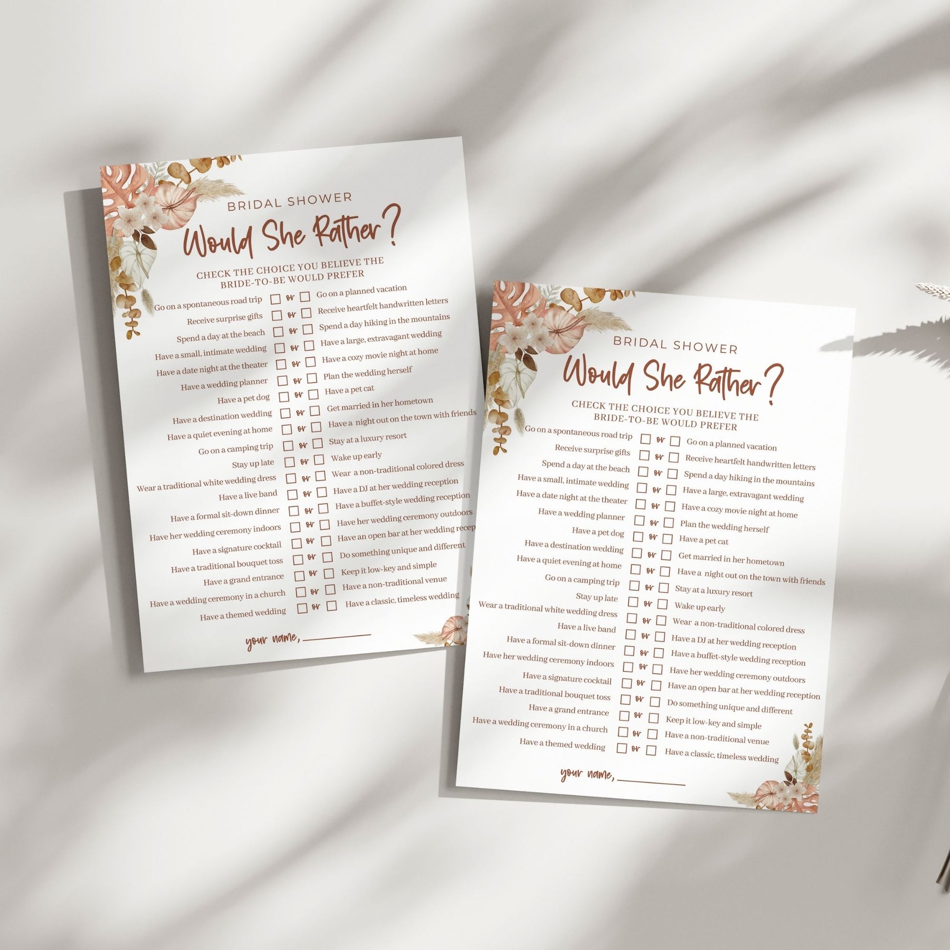 Bridal Shower Game, Would She Rather Printable, Fun Wedding Shower Activity, Floral Boho Theme, Instant Download, Bridal Party Game