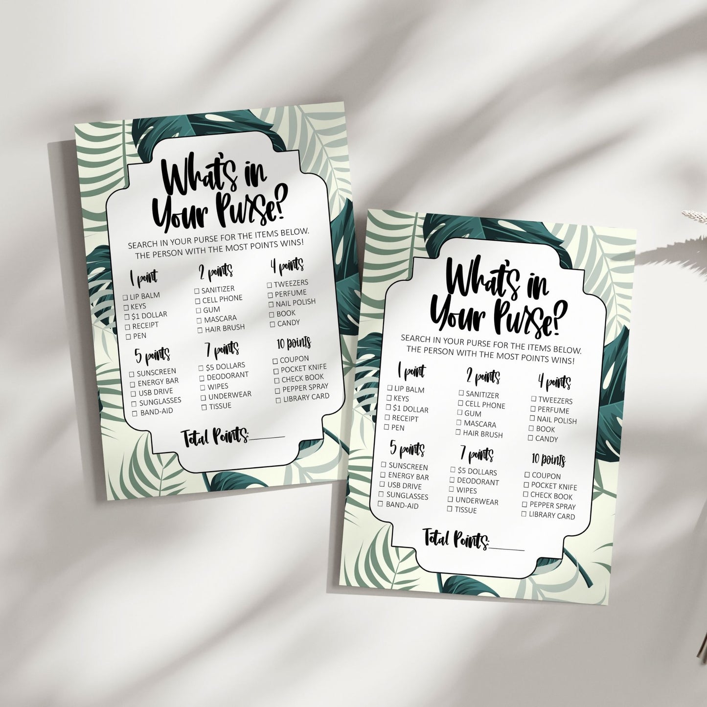 What's in Your Purse? Bridal Shower Game, Tropical Greenery Theme, Fun Party Activity, Printable Game for Guests, Instant Download