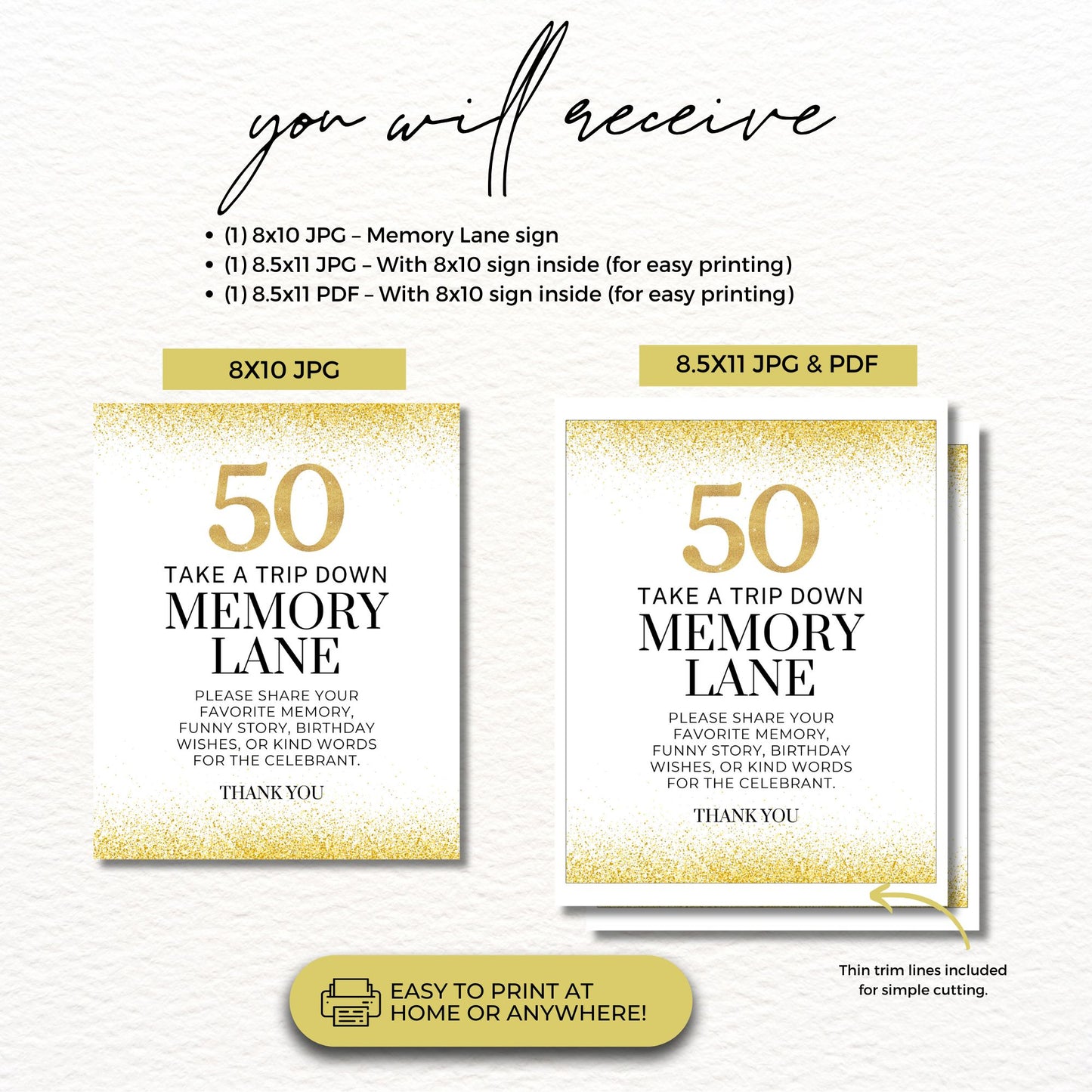 Printable memory lane sign for 50th birthday, glamorous gold glitter theme, instant download gest book alternative
