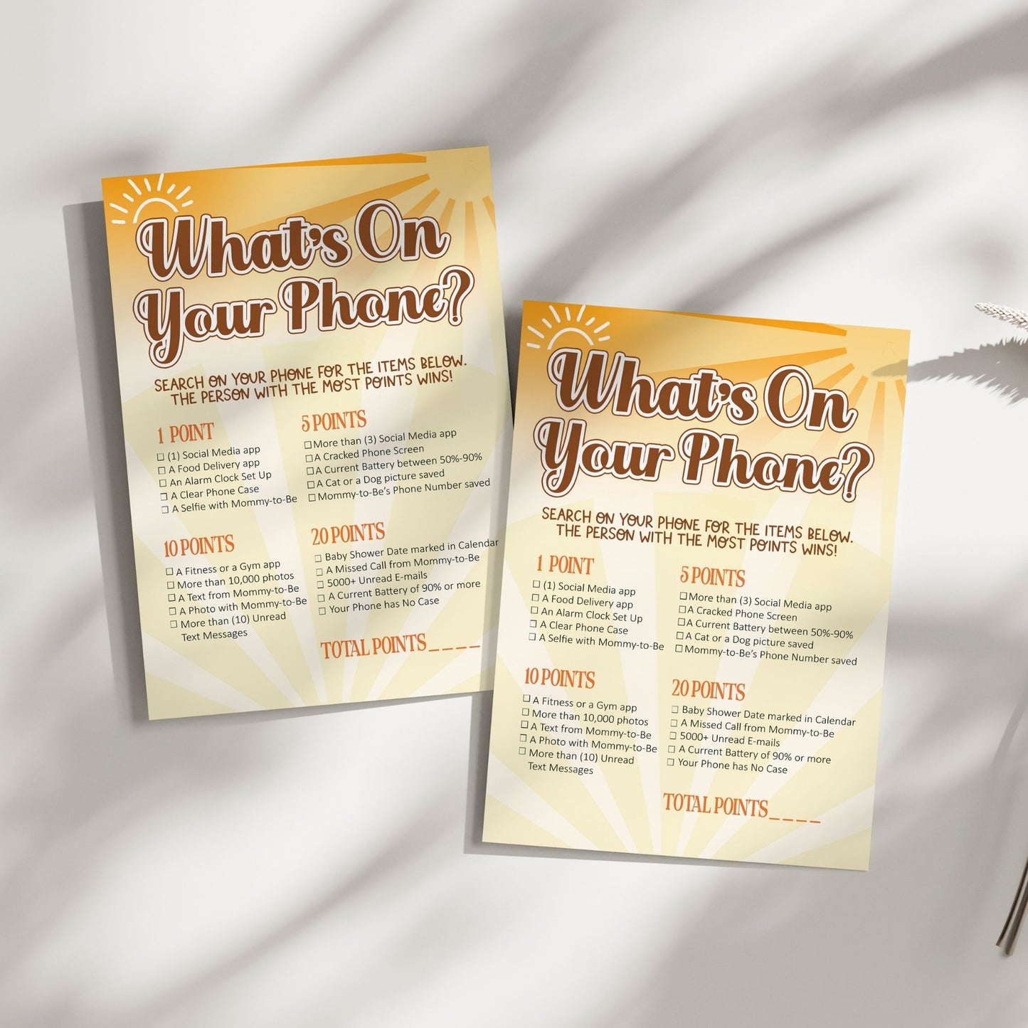 What's on Your Phone Game – Printable Baby Shower & Bridal Shower Activity, Fun Party Game, Sunburst Design, Instant Download, Baby Shower Games, Party Printables