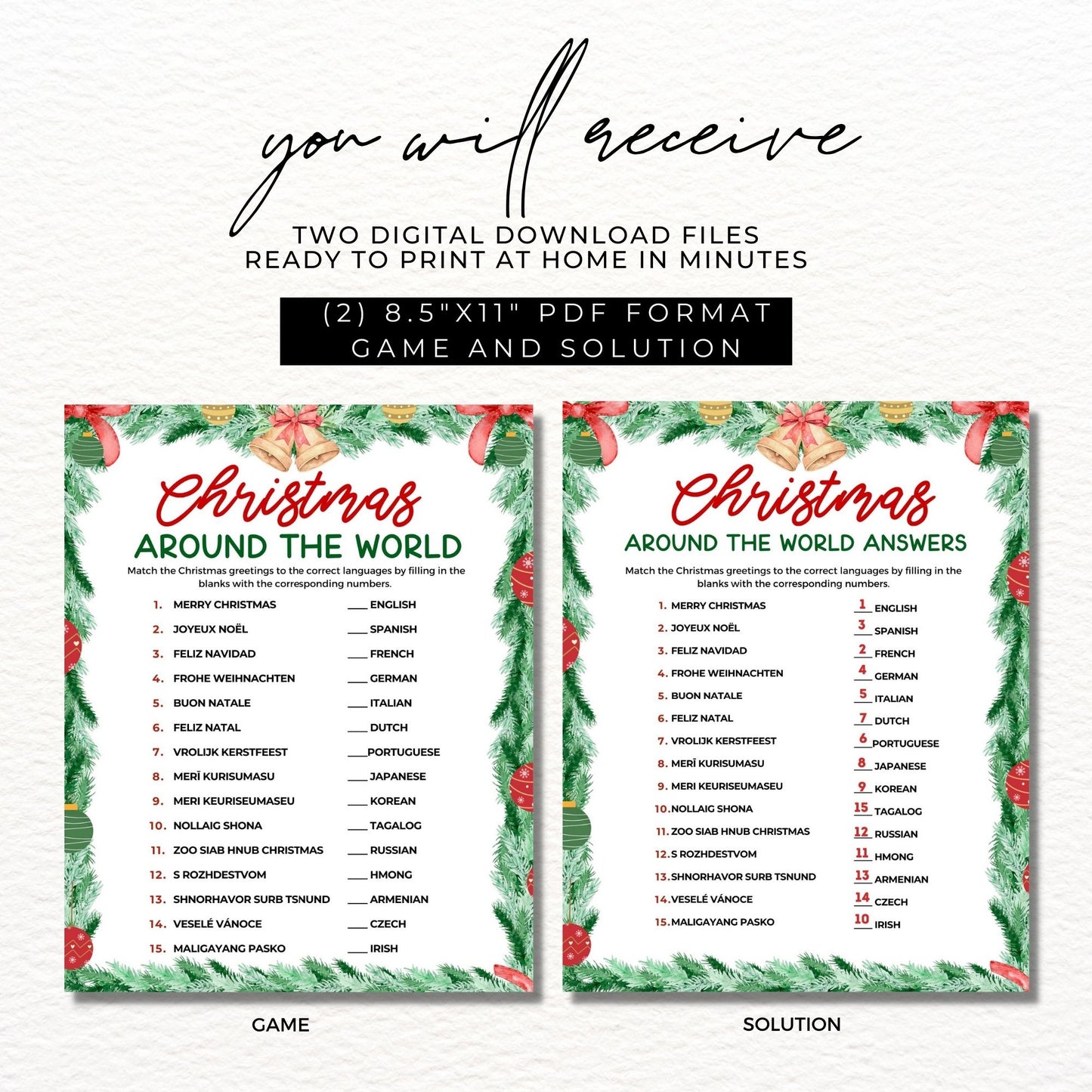 Christmas Greetings Around the World Printable Game 8.5x11