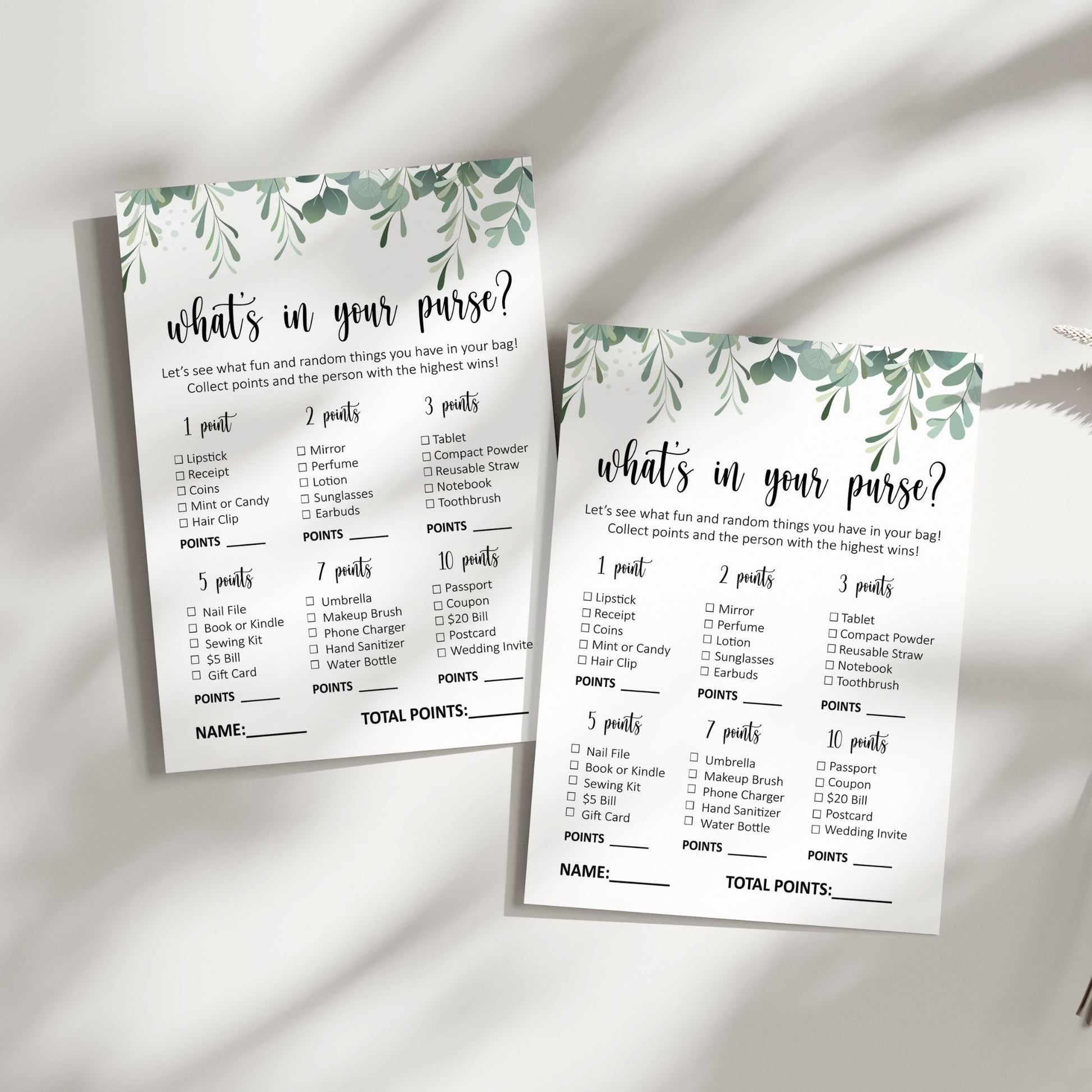 What's in Your Purse Bridal Shower Game | Fun Greenery-Themed Party Activity | Printable Instant Download | Interactive Game for Guests