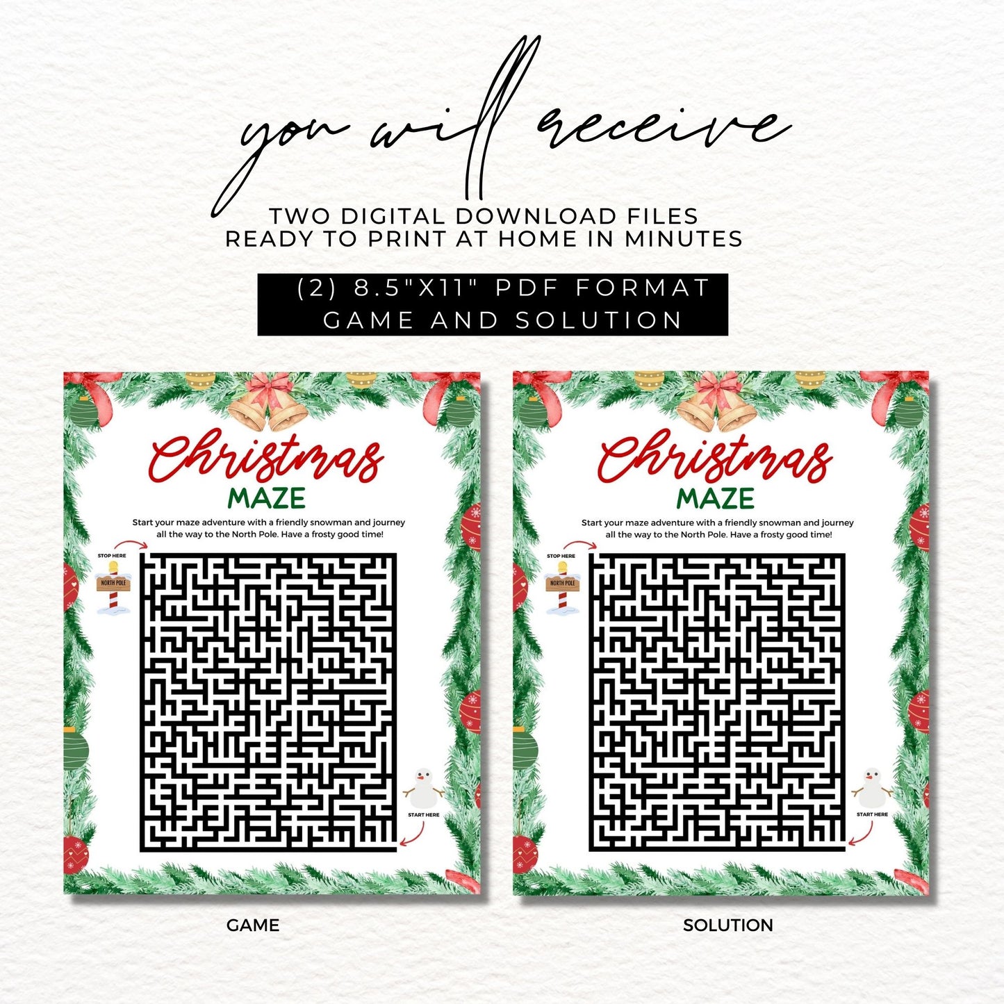 Holiday Christmas Maze Printable Game 8.5x11