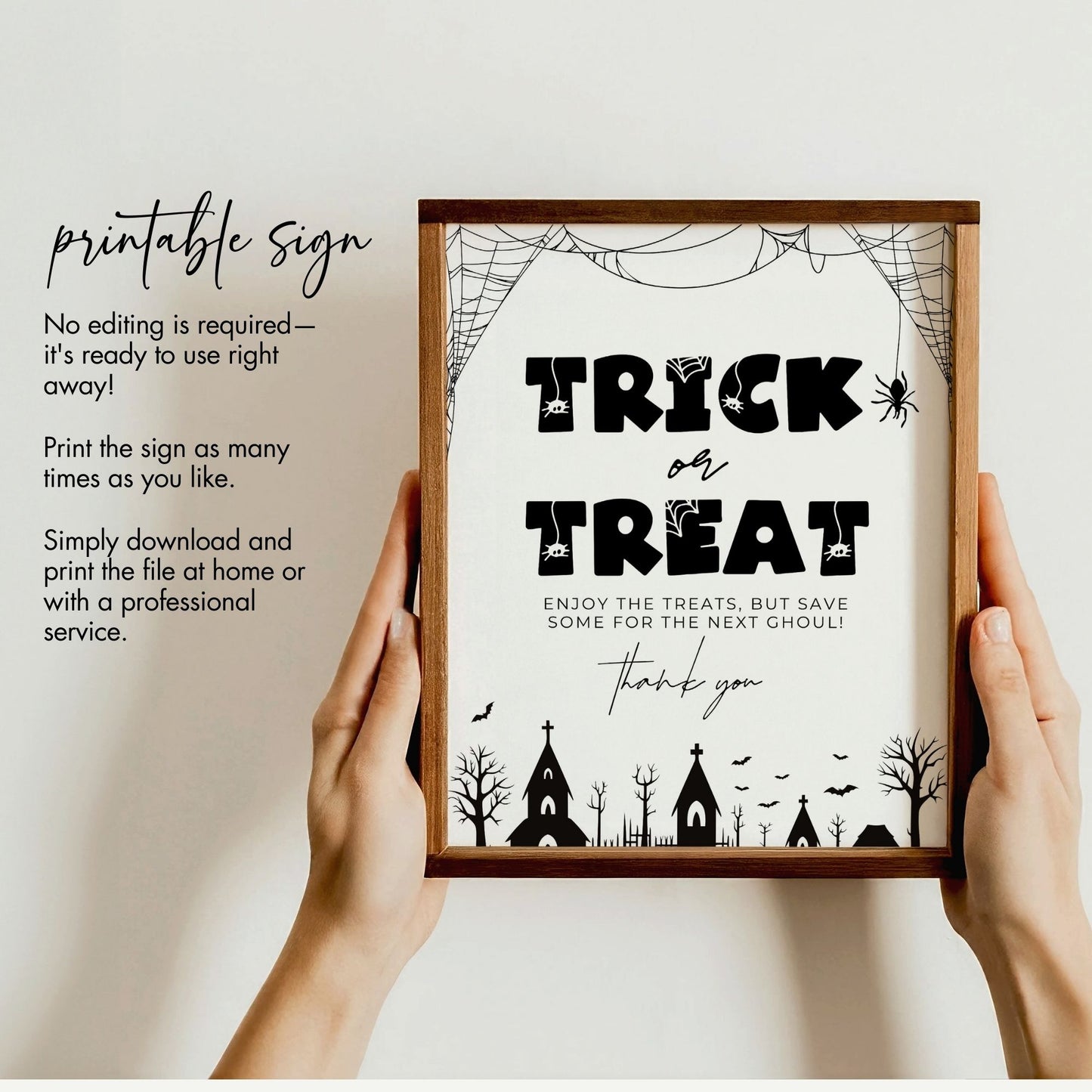 Spooky Trick or Treat Sign, Printable Halloween Candy Table Decor, Haunted Graveyard Theme, Black and White Party Sign, Instant Download