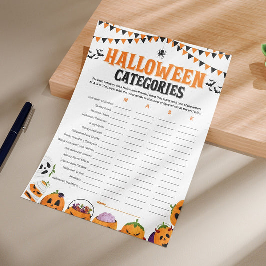Halloween Categories Game Printable – Fun and Spooky Word Challenge for Halloween Parties, Instant Download Activity for All Ages