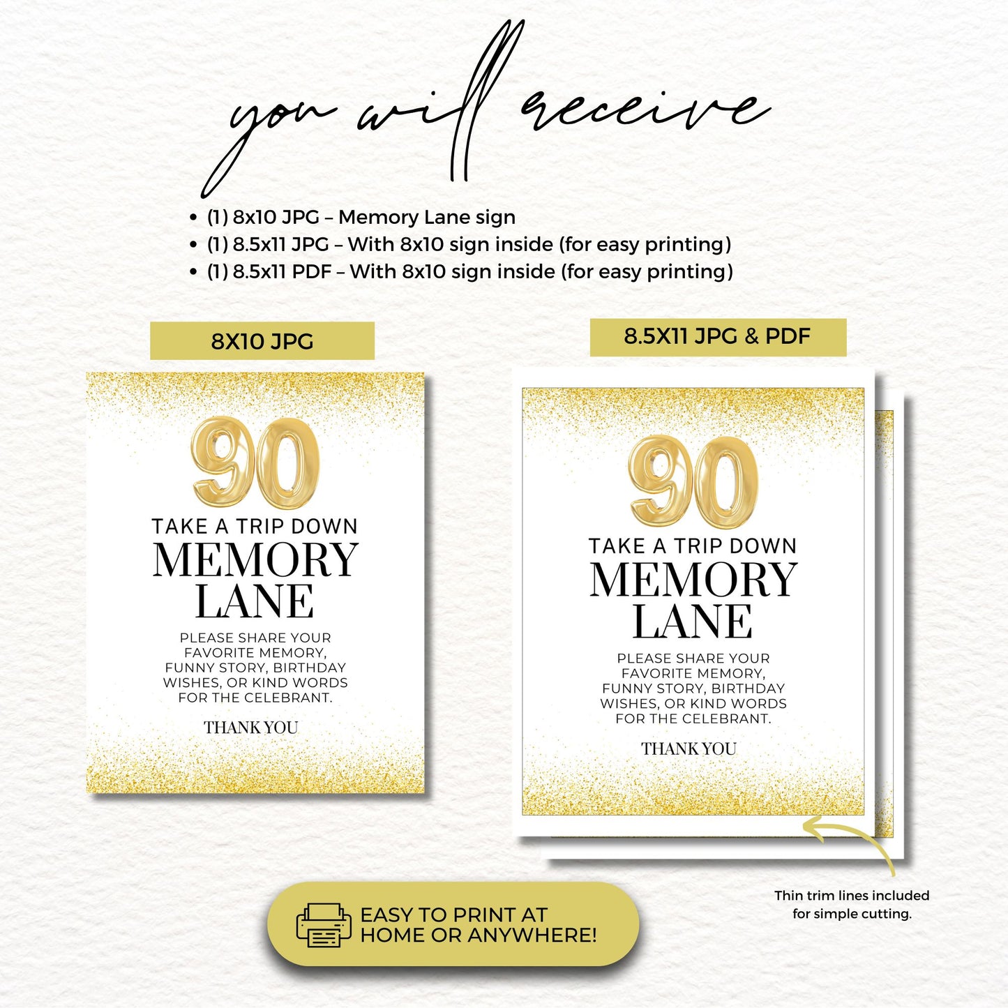 Printable 90th birthday memory lane sign with gold glitter design, ideal for milestone party décor and keepsake