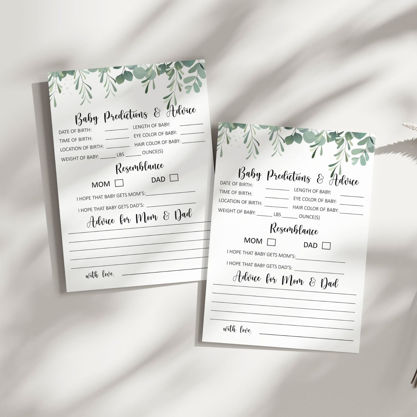 Printable Baby Predictions & Advice Cards | Fun Baby Shower Game | Greenery Themed | Instant Digital Download | Gender-Neutral Baby Shower Activity