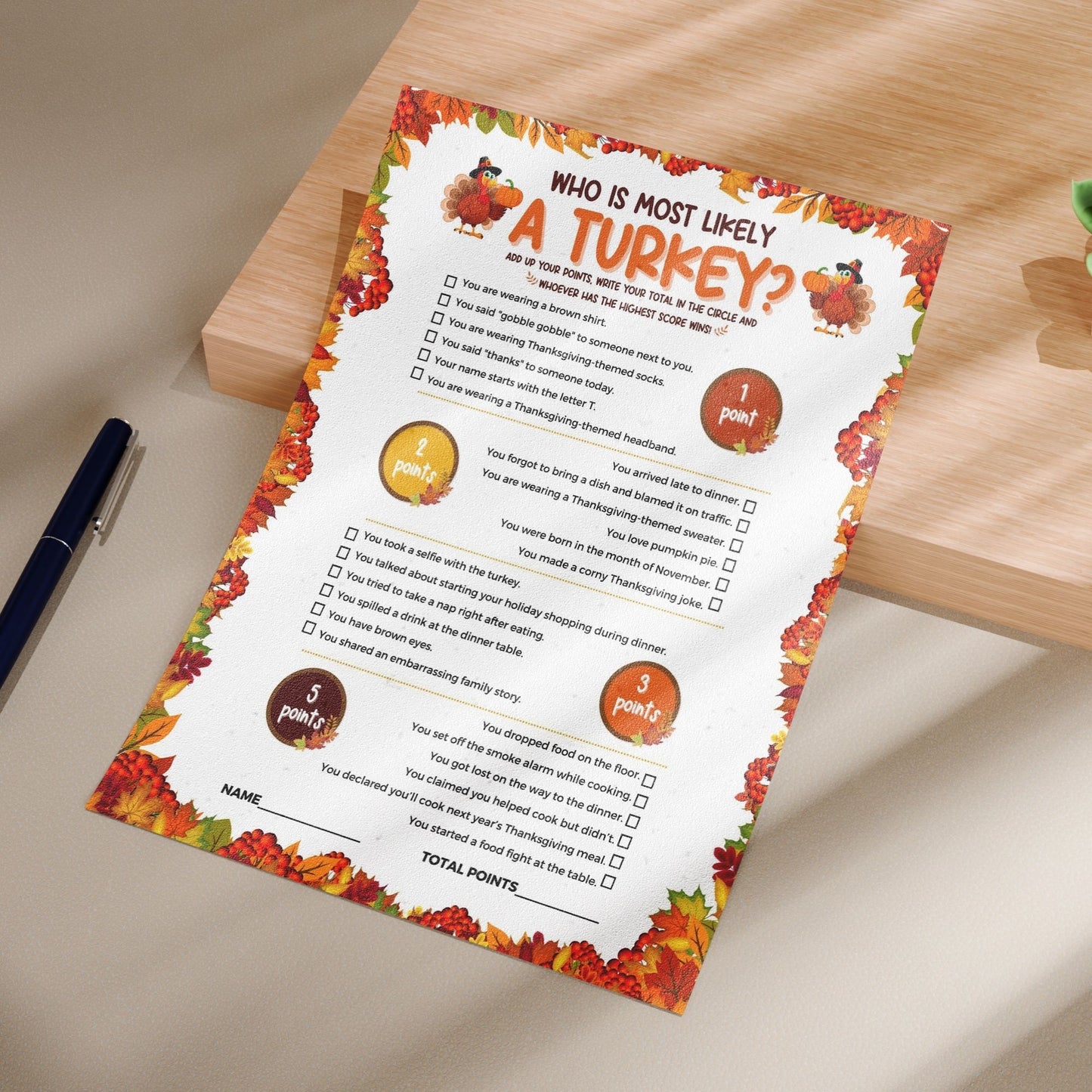 Who Is Most Likely A Turkey Game, Thanksgiving Party Printable, Fun Family Activity, 8.5x11 Instant Download, Holiday Game, Friendsgiving Decor