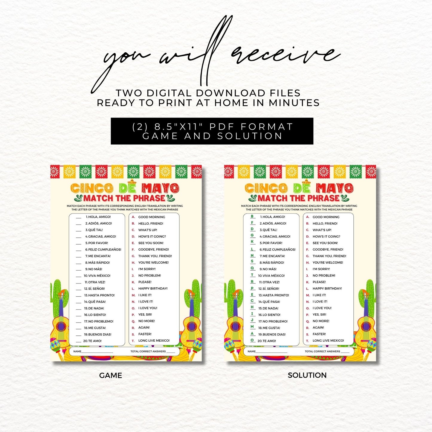 Cinco de Mayo Match the Phrase Printable Game 8.5x11