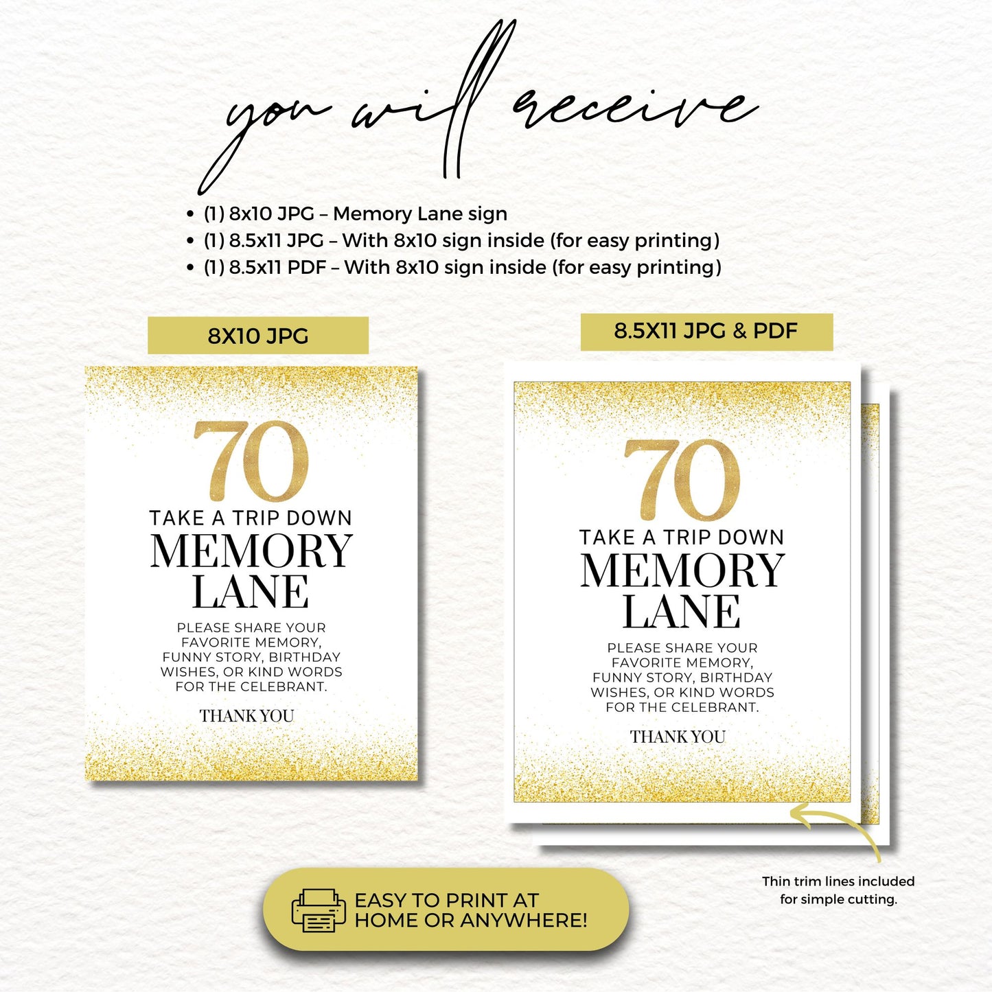 Printable memory lane sign for 70th birthday, glamorous gold glitter design, instant download keepsake