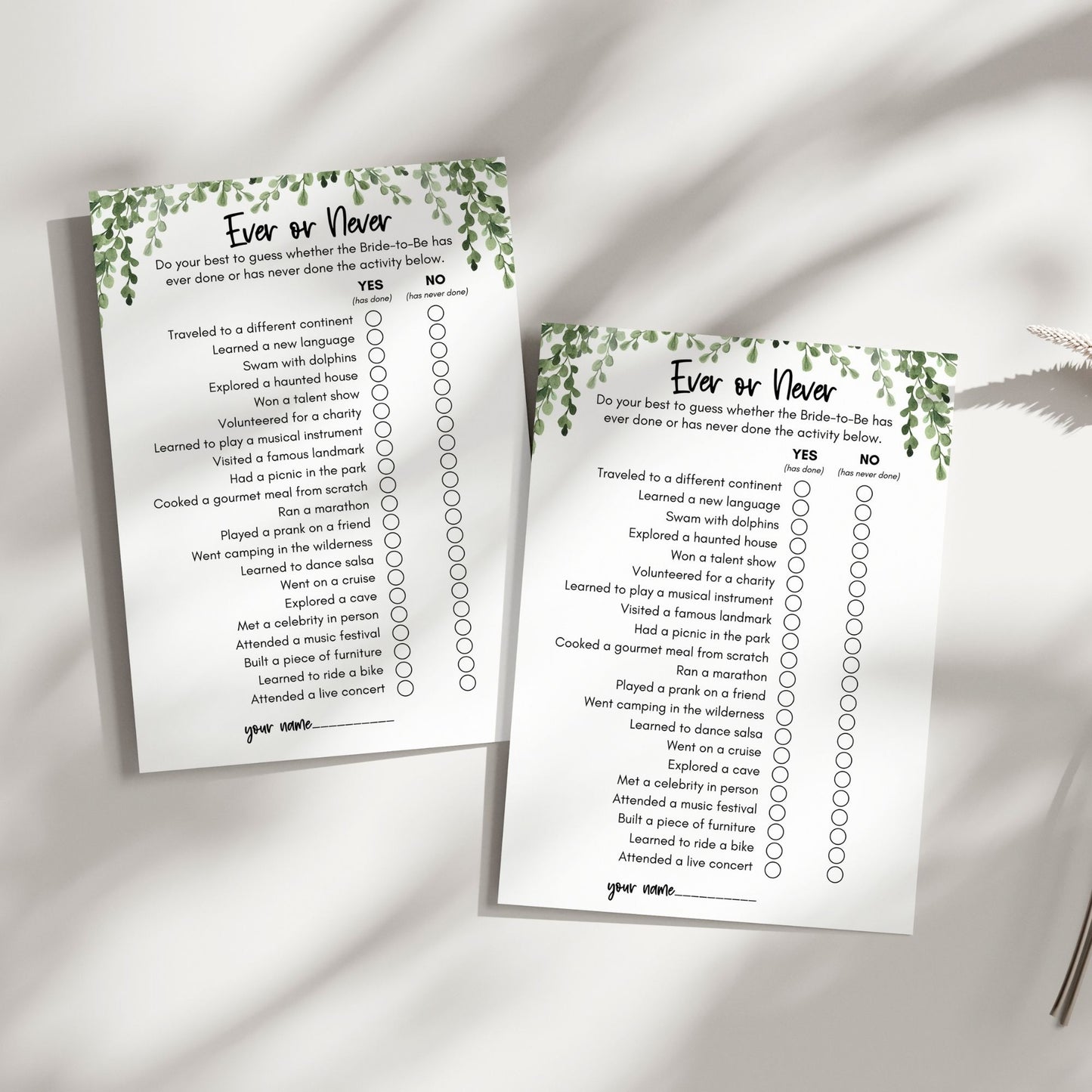Ever or Never Bridal Shower Game | Fun Printable Bachelorette Party Activity | Guessing Game | Instant Download