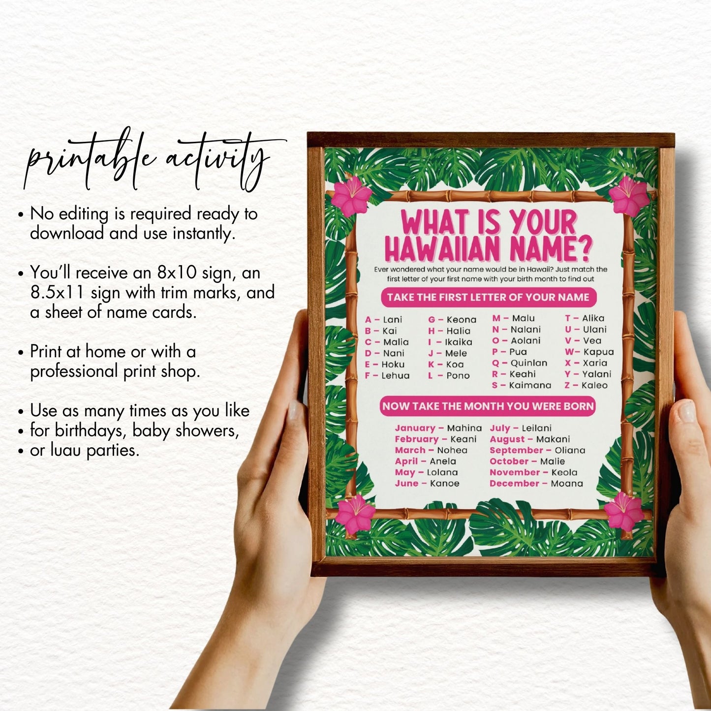 Hawaiian name game sign held by hands with tropical leaf design
