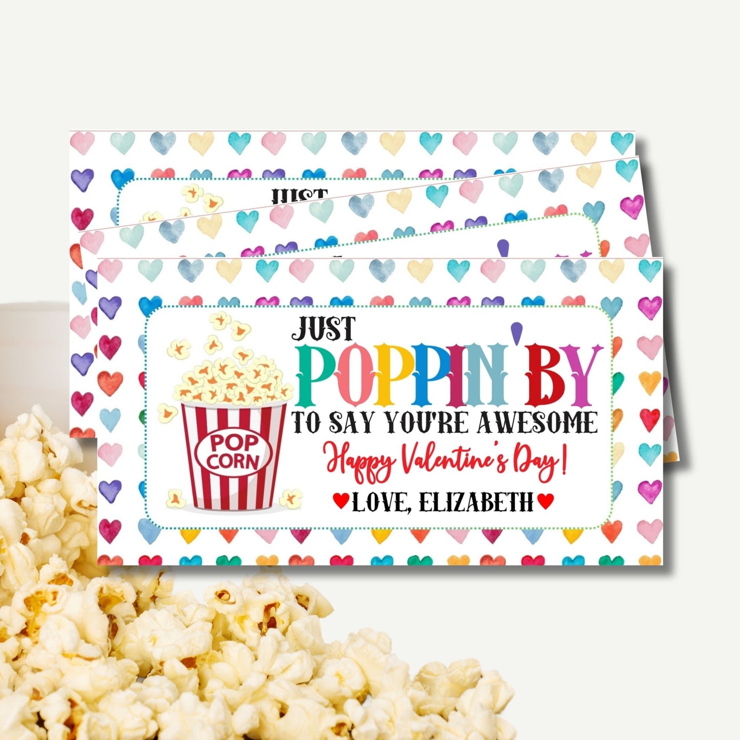 Editable Valentine’s Day Popcorn Tag - 3x5.5 Printable Treat Tags for Kids & Classmates - Corjl Template Fits 3 Tags Per 8.5x11