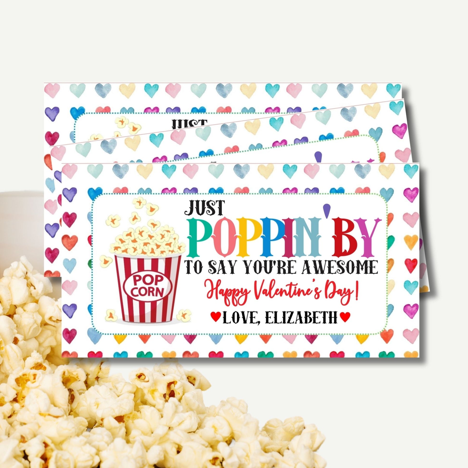 Editable Valentine’s Day Popcorn Tag - 3x5.5 Printable Treat Tags for Kids & Classmates - Corjl Template Fits 3 Tags Per 8.5x11